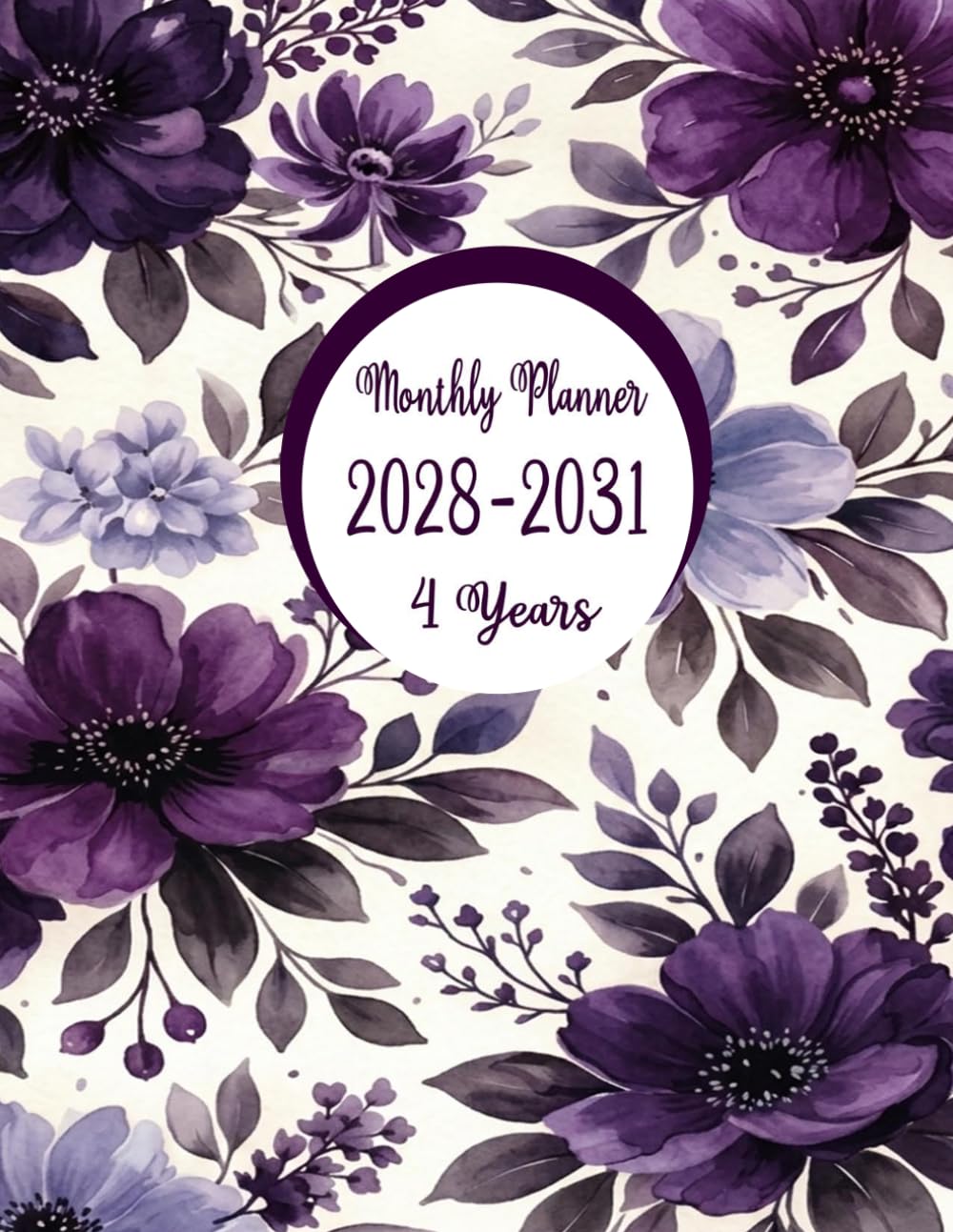Monthly Planner 2028-2031: Four Years from January 2028 to December 2031 (8.5 x 11 Inches) with Holidays & Inspirational Quotes, Dark Purple Floral Design