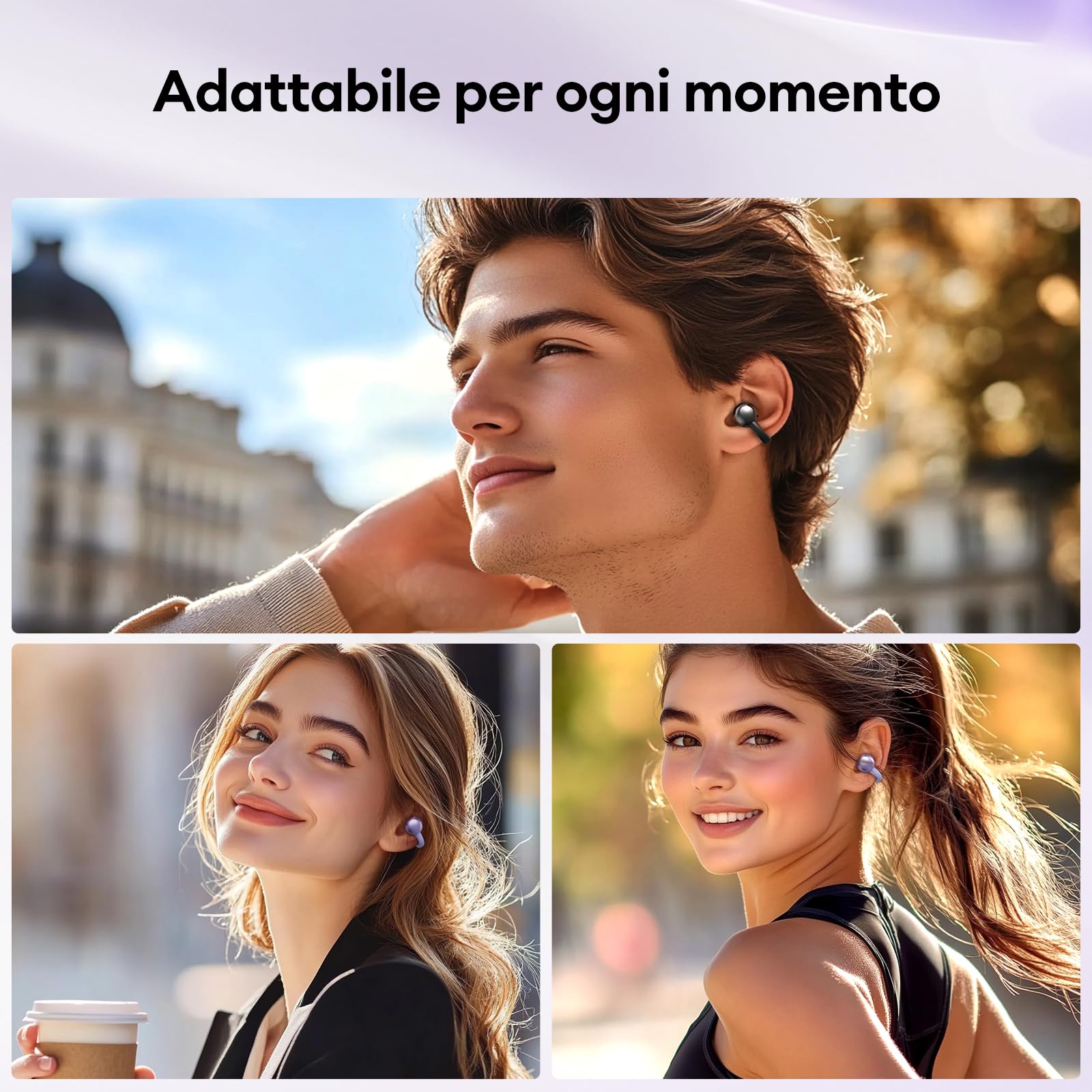 ZOMBIES CAT Auricolari Open Ear Clip-on con Schermo Touch Intelligente – Cuffie Bluetooth 5.4, Audio HiFi, Controllo Musicale & Volume, Auricolari Bluetooth per Sport,M100 Viola