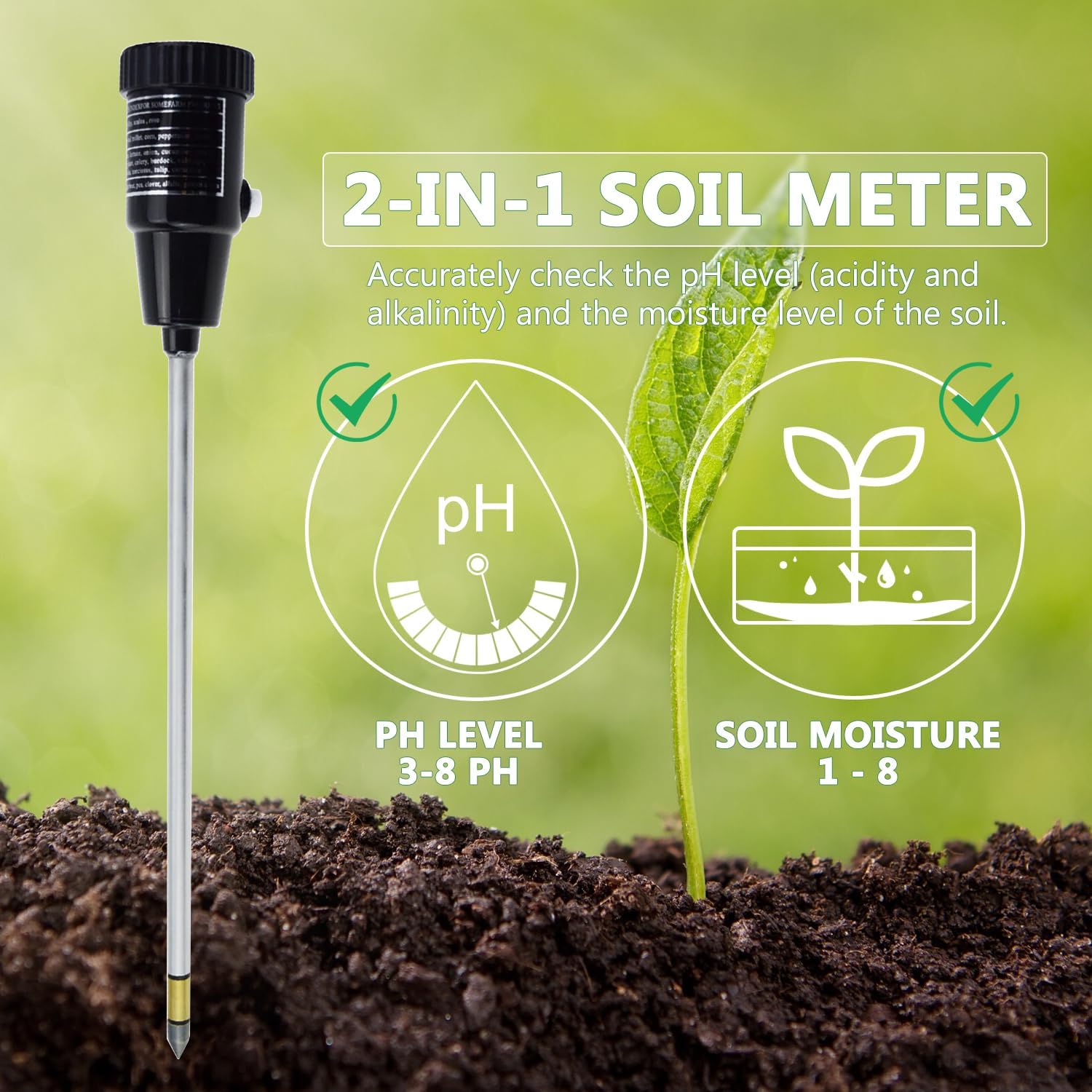 Medidor de pH del suelo 2 en 1, medidor de humedad del suelo, probador de pH del suelo, kit de prueba de suelo, herramienta de jardinería para plantas de interior y exterior, jardín, césped, granja,