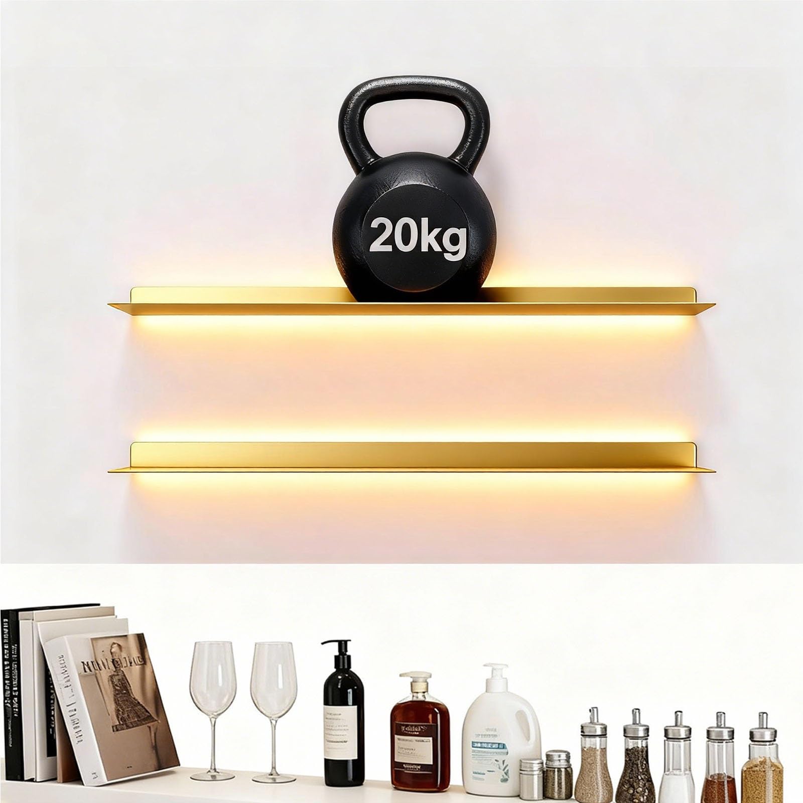 BVCL LED Floating Shelf with Lights, Wall Mounted Display Shelf, Bedroom, Living Room,Bathroom, Kitchen-Modern-Metal(Gold,120cm)