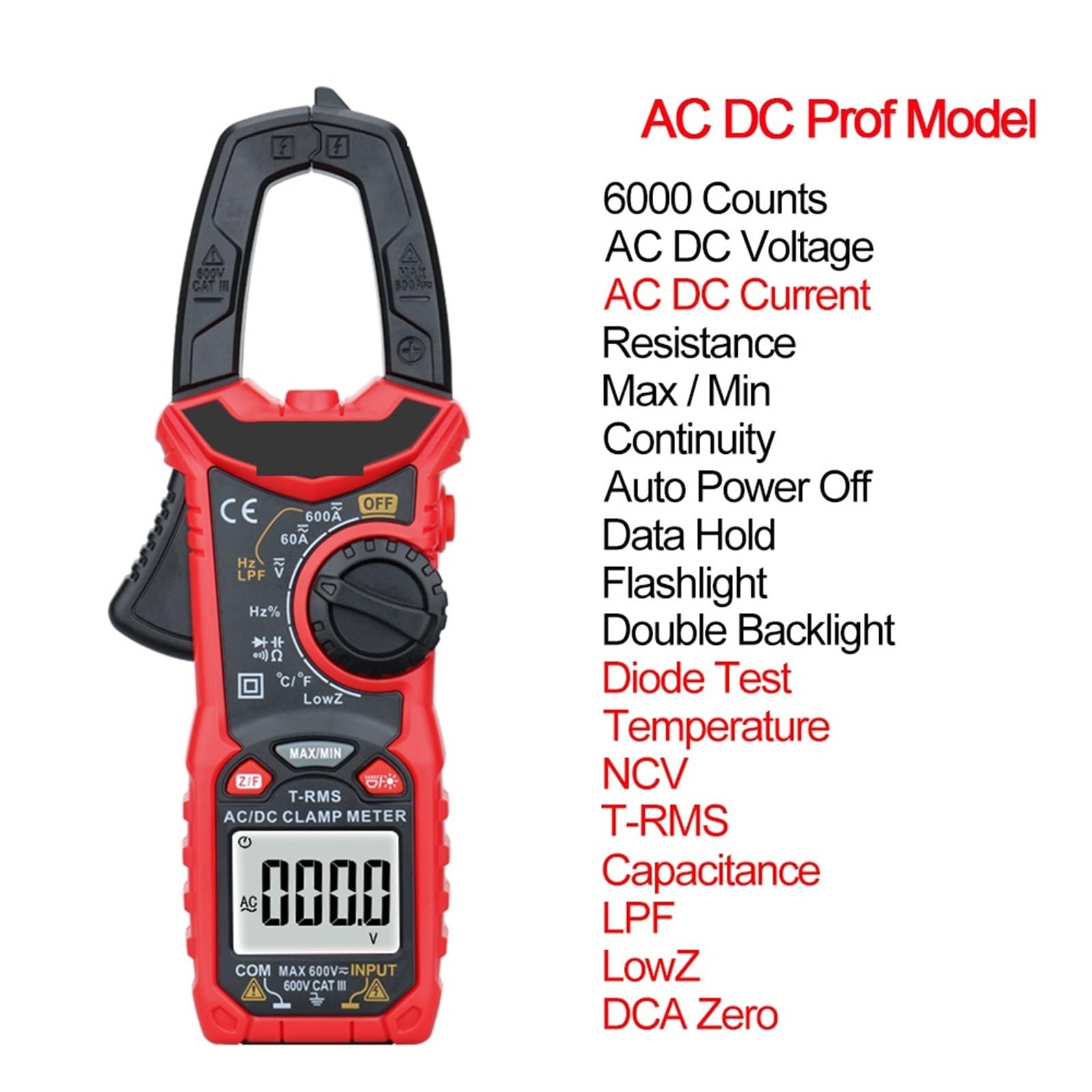 Pinza amperometrica digitale AC DC Corrente NCV Multimetro Pinza amperometrica Vero valore efficace Capacità Ohm Hz Temperatura Tensione Tester per Elettricisti