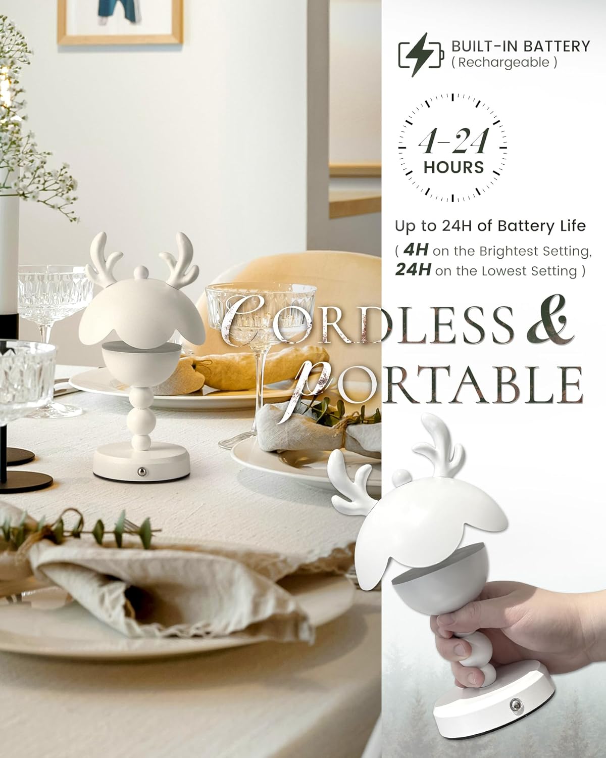 Modern White Cordless LED Table Lamp, Dimmable, Rechargeable, 5W, 9.8H x 4.9W x 4.9D, Indoor/Outdoor, WX8808-1