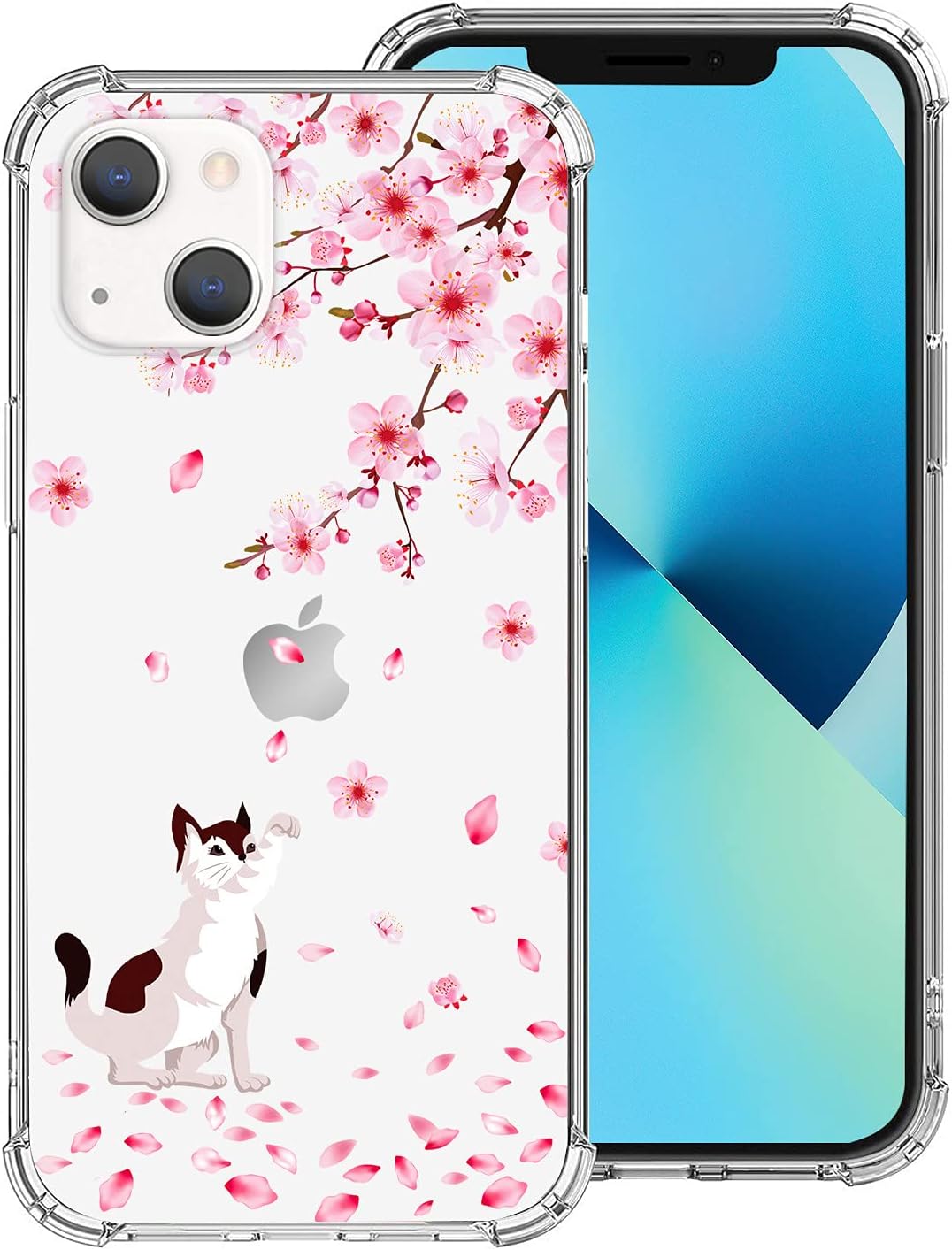 Hi Space Compatible with iPhone 14 iPhone 13 Case 2022 2021 6.1 Inch, Cherry Blossom Cat Flower Ultra Clear Slim Transparent Flexible TPU Bumper Shockproof Protective Cover for iPhone 14 iPhone 13