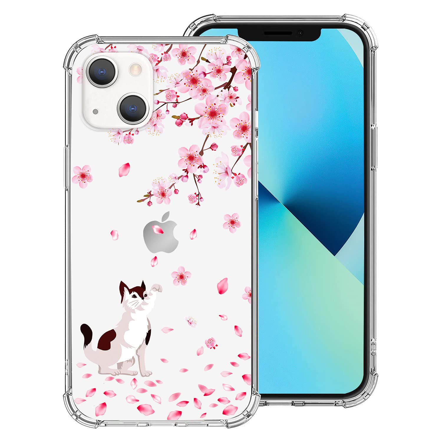 Hi Space Compatible with iPhone 14 iPhone 13 Case 2022 2021 6.1 Inch, Cherry Blossom Cat Flower Ultra Clear Slim Transparent Flexible TPU Bumper Shockproof Protective Cover for iPhone 14 iPhone 13