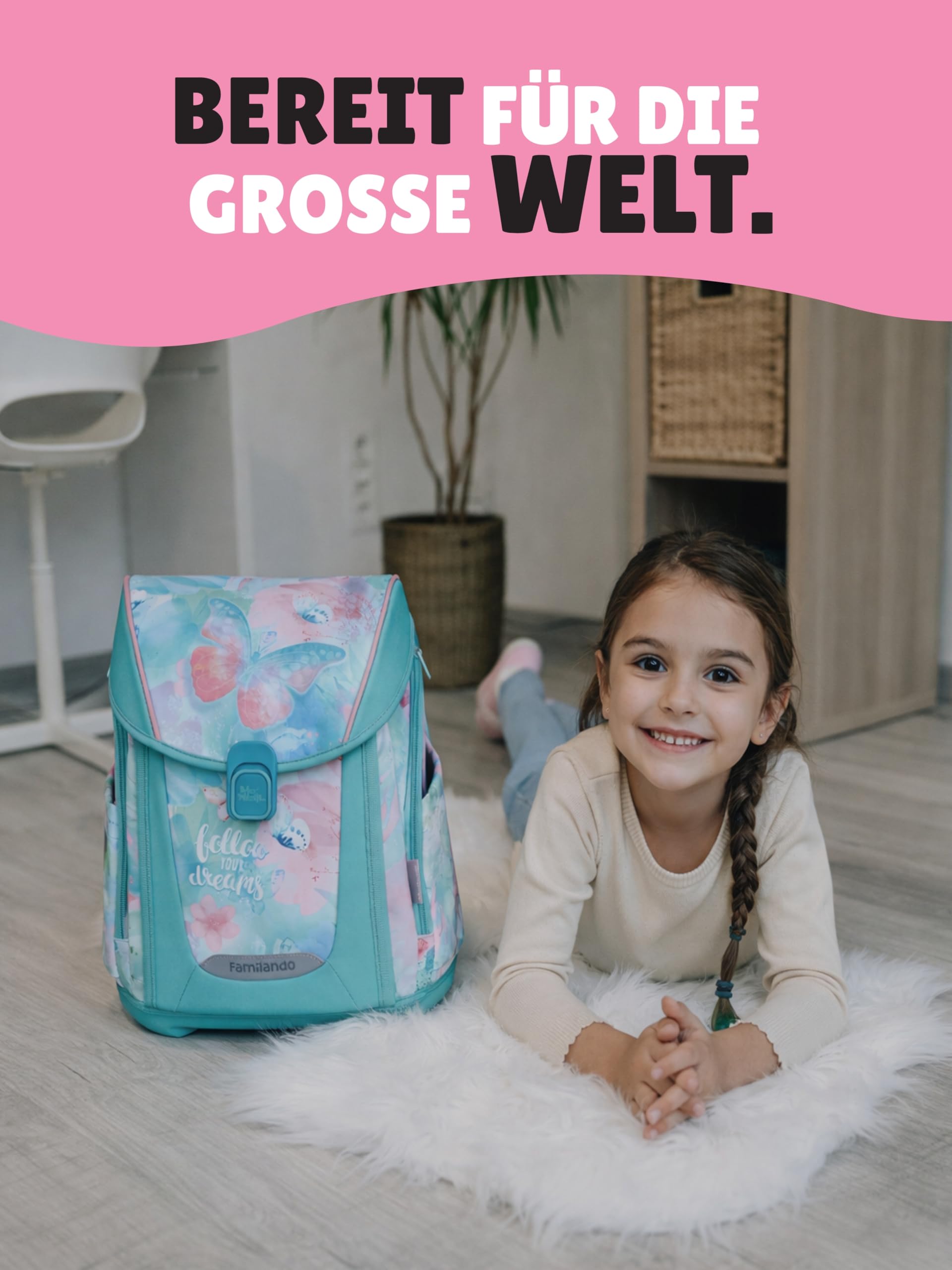 Familando - Premium Schulranzen Set - 10-teilig mit Schultüte - Butterfly (Schmetterlinge) - Ergonomisch, stabil & mit gepolstertem Rücken - 1000g - 20L Volumen - Mit Reflektoren - ab 1. Klasse