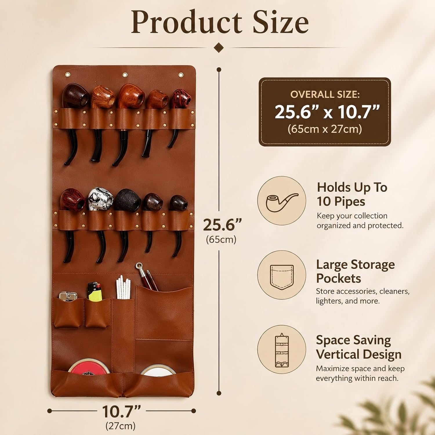 Tobacco Pipe Stand Organizer for 10 Pipes and Accessories, PU Leather Wall Mount Holder fpr Lighter Tamper Cleaners Jar, with 3 S-Hooks and 3 Adhesive Hooks (Pipes and Accessories Not Included)