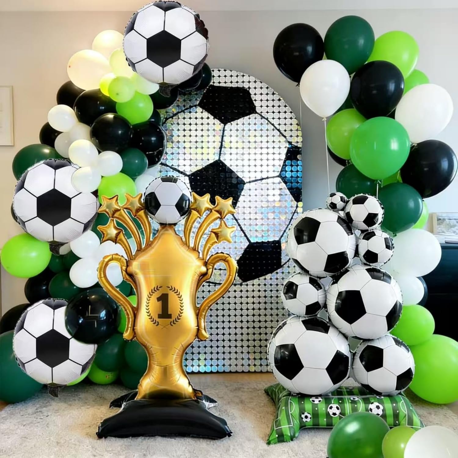 109Pcs Soccer Party Decoration Balloon Set with 59 inch Giant Trophy and Soccer Pile, 18 inch Foil Football. Perfect for Every Soccer Event, Game Day Watch Party.