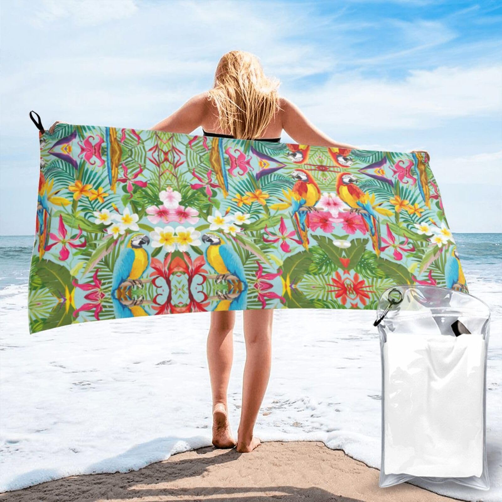 Serviette de plage perroquets et plantes tropicales idéale pour le camping en plein air