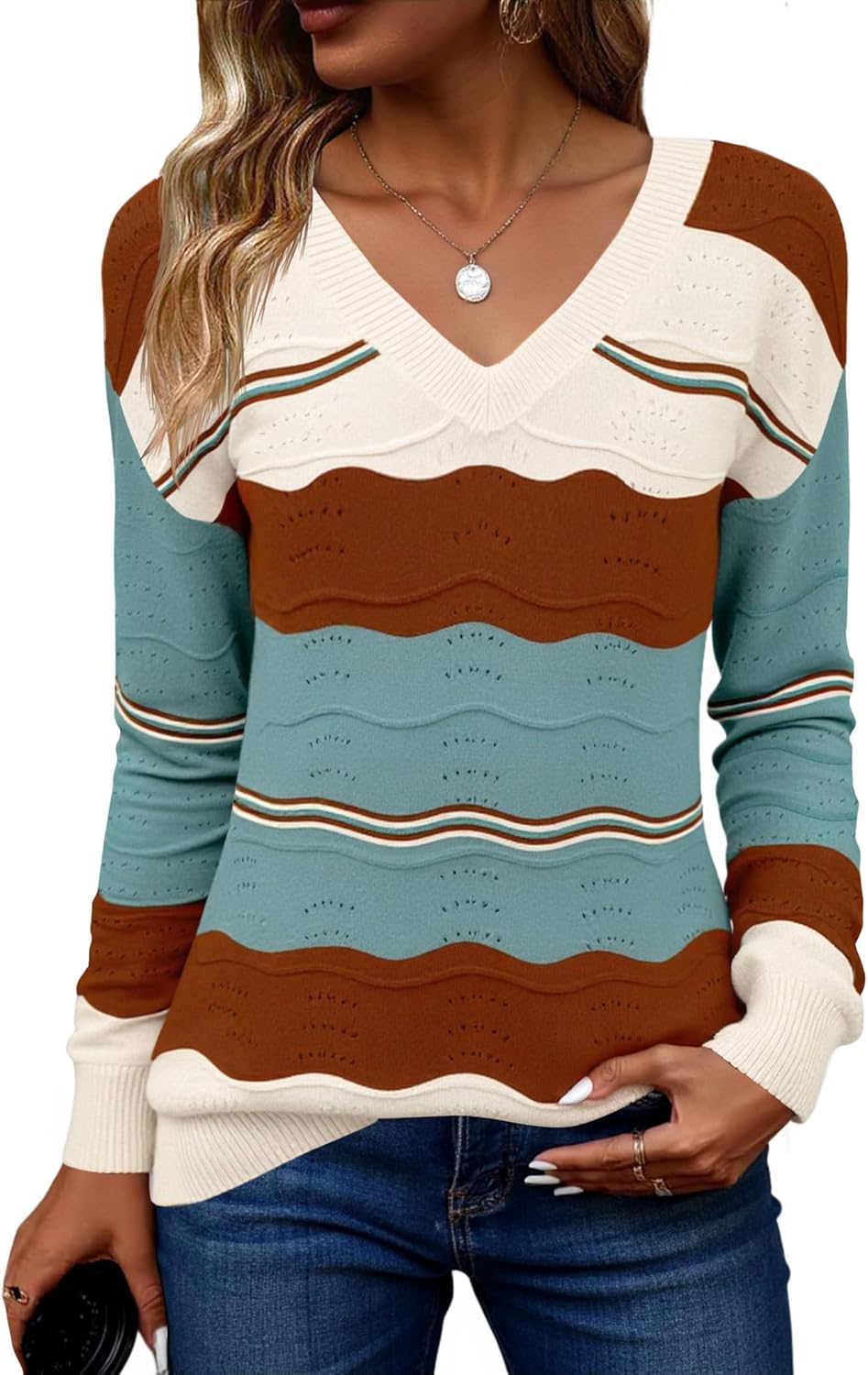 Zeagoo Womens Sweaters Fall Casual Long Sleeve V Neck Shirts Lightweight Crochet Ribbed Knit Pullover Tops Outfits