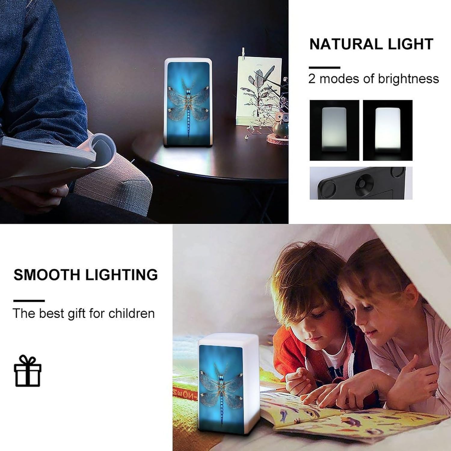 Cordless Night Light Battery Powered Dimmable Lamp for Reading Blue Odonata Pattern Small Desk Lamp for Bedroom Living Room Office