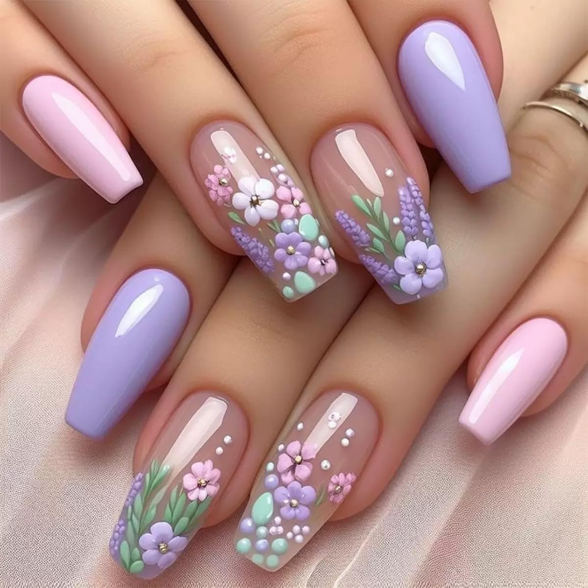 CTTHNBD Medium Press on Nails Coffin - Pink Fake Nails with Floral Charms Design - Spring, French Tip False Nails for Women - 24 Pcs