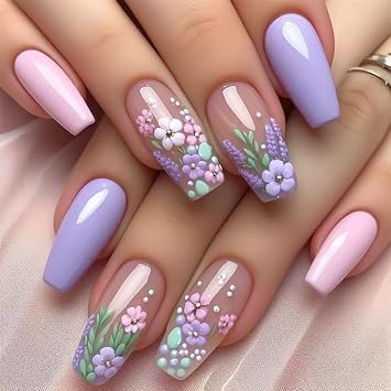 CTTHNBD Press on Coffin Nails - Medium Fake Nails with Flower Design - Purple False Nails Press ons - for Women 24 Pcs
