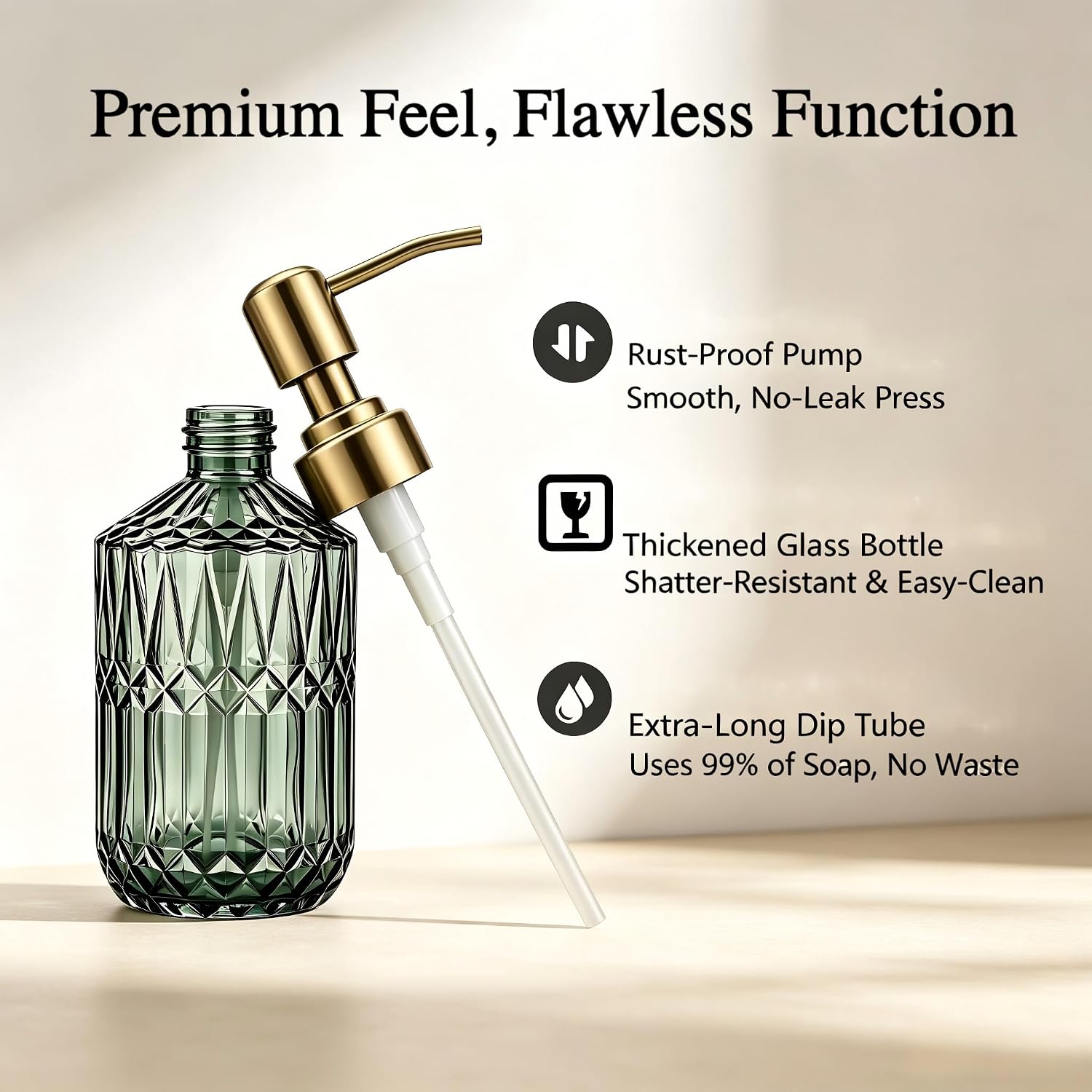 Green Glass Soap Dispenser 2‑Pack, 17oz Gold Stainless Steel Pump