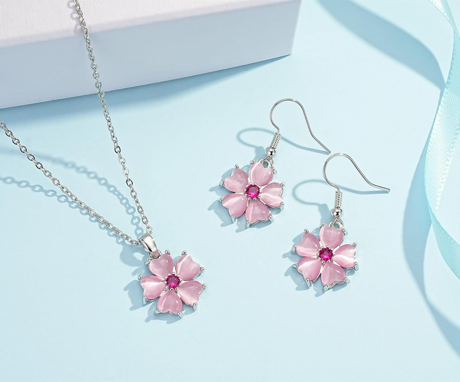 VONSSY Elegant Cherry Blossom Necklace Earrings Pink Cats Eye Flower Flora Sakura Gemstone Crystal Pendant 18k Gold Plated Chain Jewelry Set Gift for Woman Wife Girlfriend