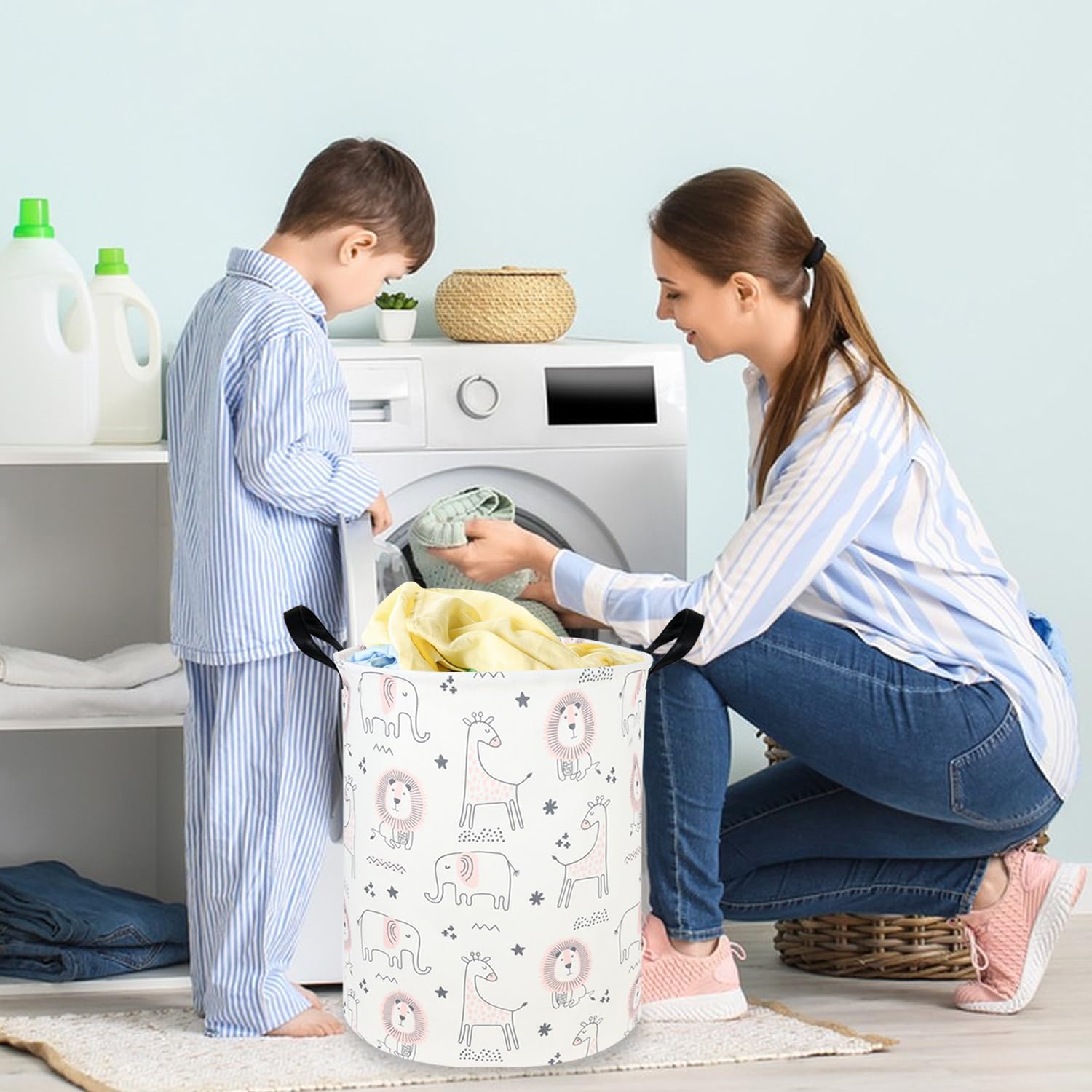 FXOCSHE Animal hamper,Baby Laundry Hamper,Jungle Laundry Basket ,Waterproof foldable nursery baby basket,Toys Box,Jungle Bedroom Decor,Gift Basket(Pink animal)