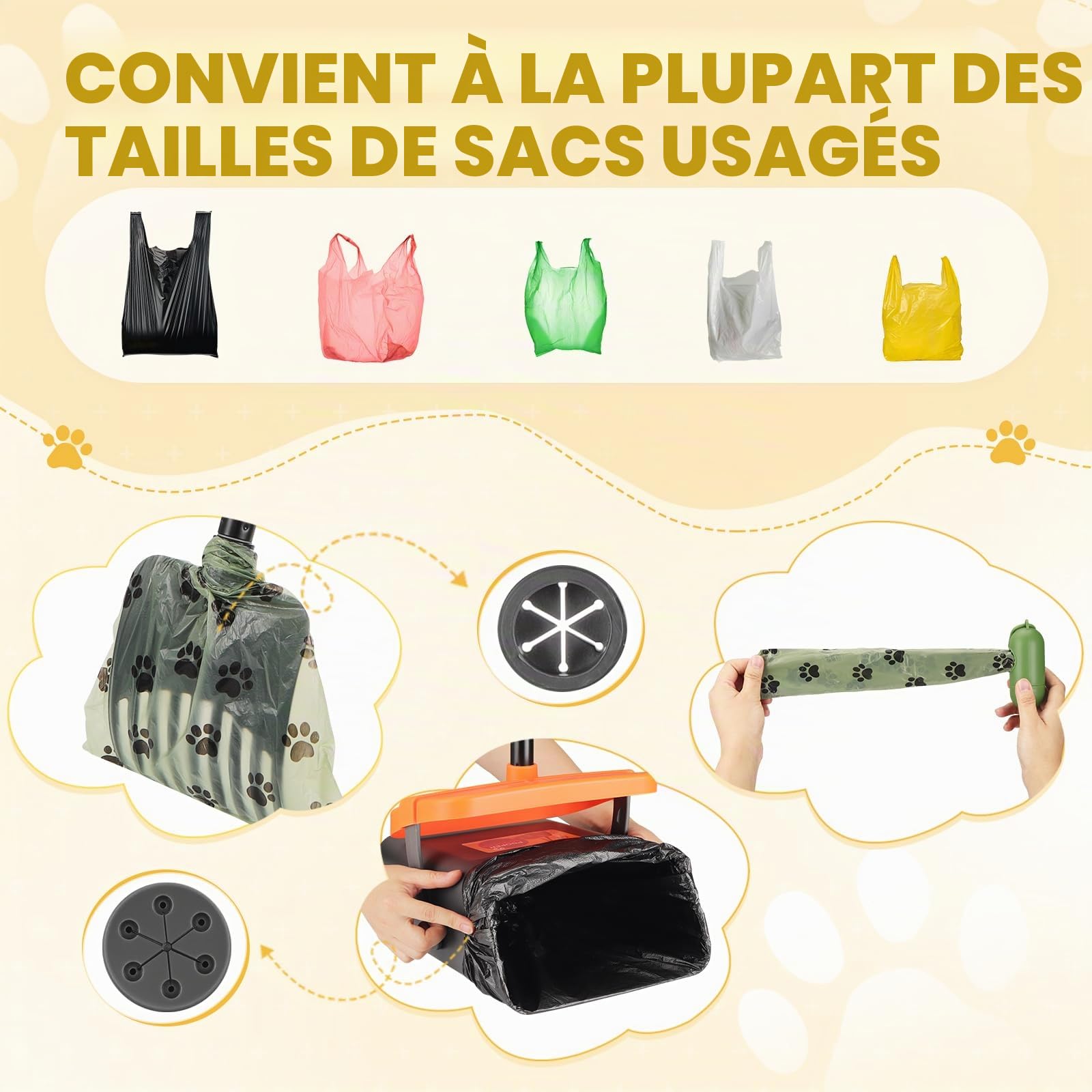 Pelle Ramasse Crottes pour Chiens, Pelle à Déjections Canines et Râteau, Pelle a Crotte Portable Kit de Ramasse Crotte et Râteau avec 35 Sacs à Déchets 117cm Poignée Longue Réglable (Orange)