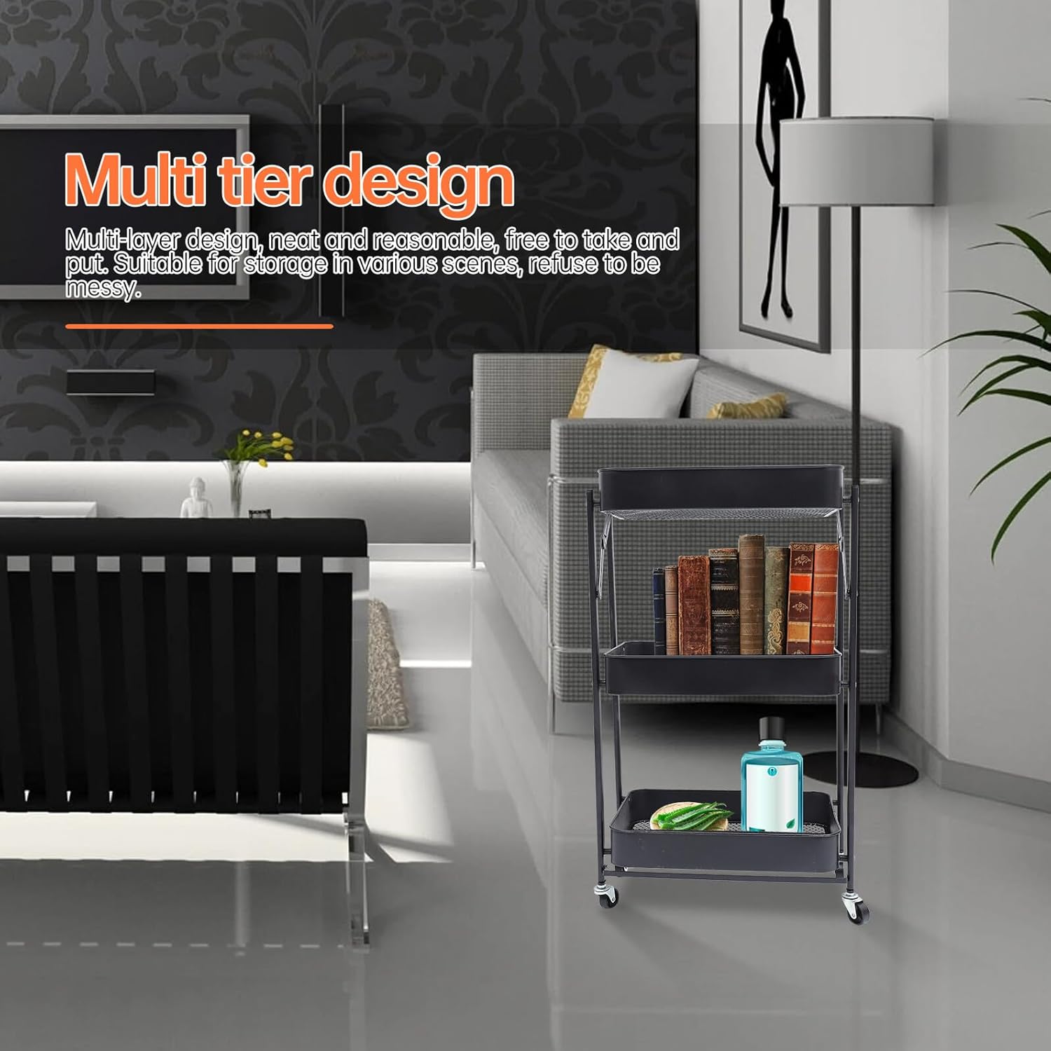 Multi-Layer Rolling Storage Cart Black, Foldable Detachable Kitchen and Bathroom Rack with Wheels, Floor-Mounted Utility Shelf for Home and Office Organization