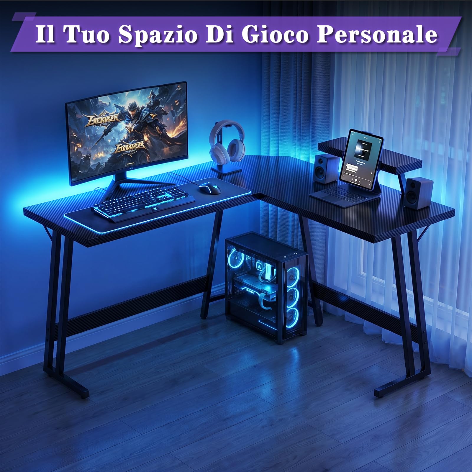 Devoko 120 x 120 cm Scrivania Gaming Angolare, Scrivania Angolare con Supporto per Monitor per Lo Studio, Il Gioco E Il Lavoro, Scrivania Gaming Ergonomica(Carbonio Nero)