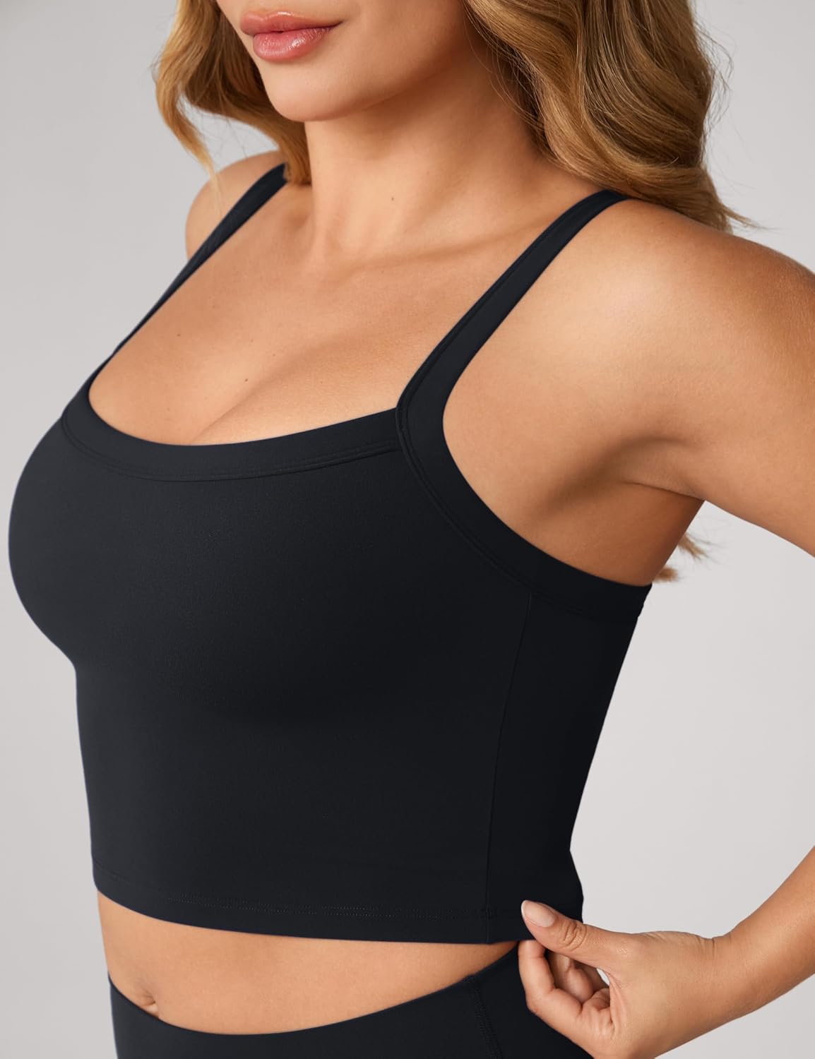Hugcurve Adjustable Longline Sports Bra Square Neck Workout Tank Crop Tops for Women with Built in Bra Padded Camisole - Image 2