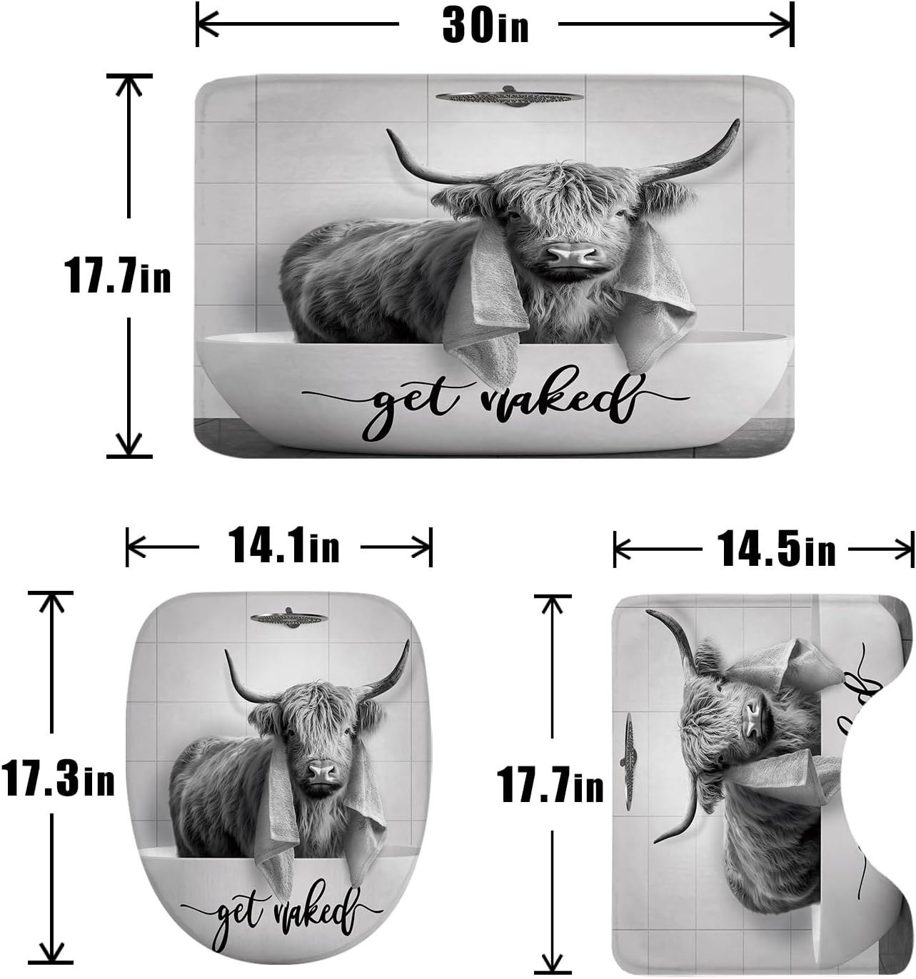SVBright 4PCs Highland Cow Bathroom Sets Vintage Shower Curtain Set 72Wx72H Bull Farmhouse Animal Bathroom Rug Quick Dry Bath Rug Mat Toilet Mat U-Shape Cover Nonslip Washroom Decor Shower Accessories