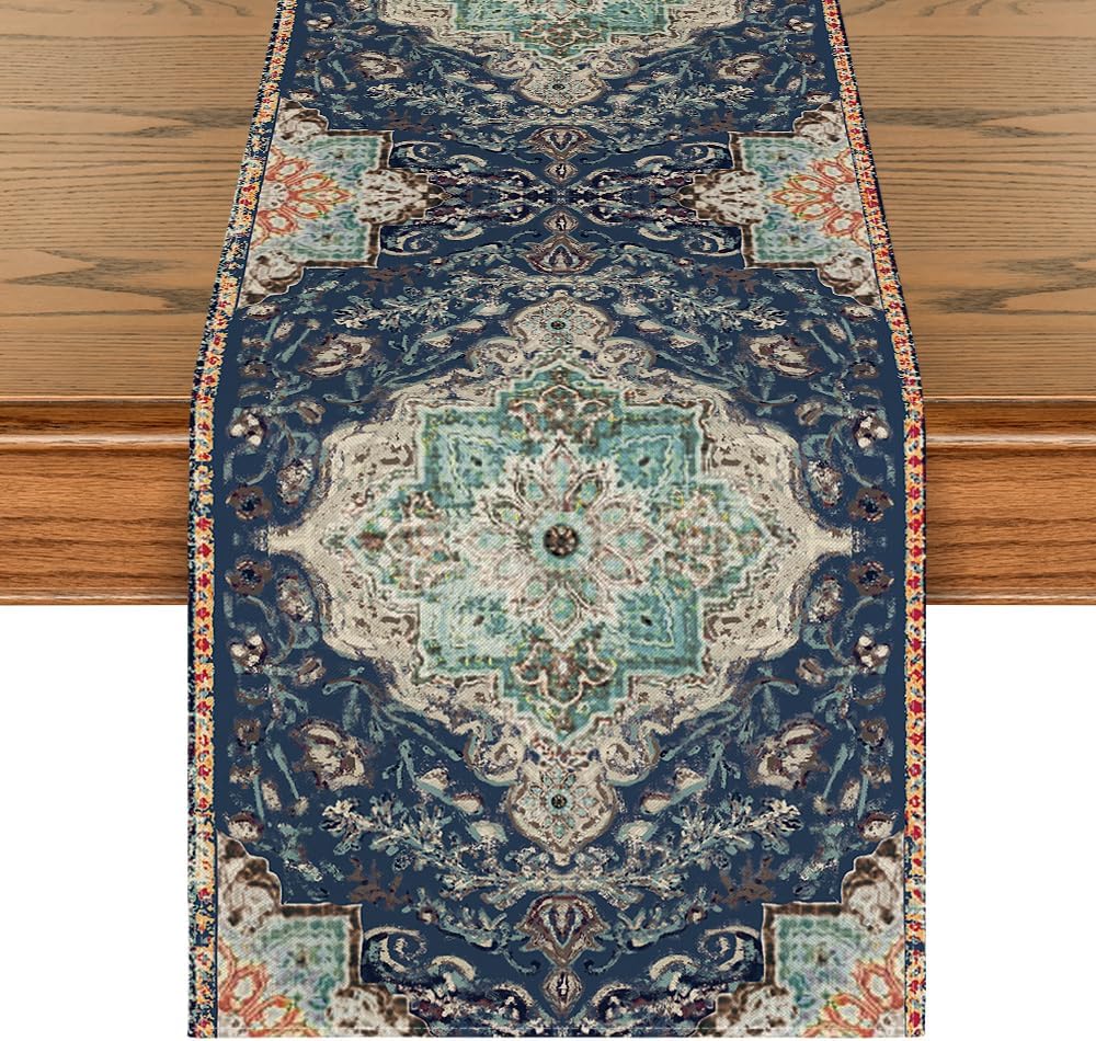 artoid mode boho bohemia style blue table runner, country rustic farmhouse magical winter kitchen dining table decoration for home party decor 13x72 inch 13" x 72", table runner blue