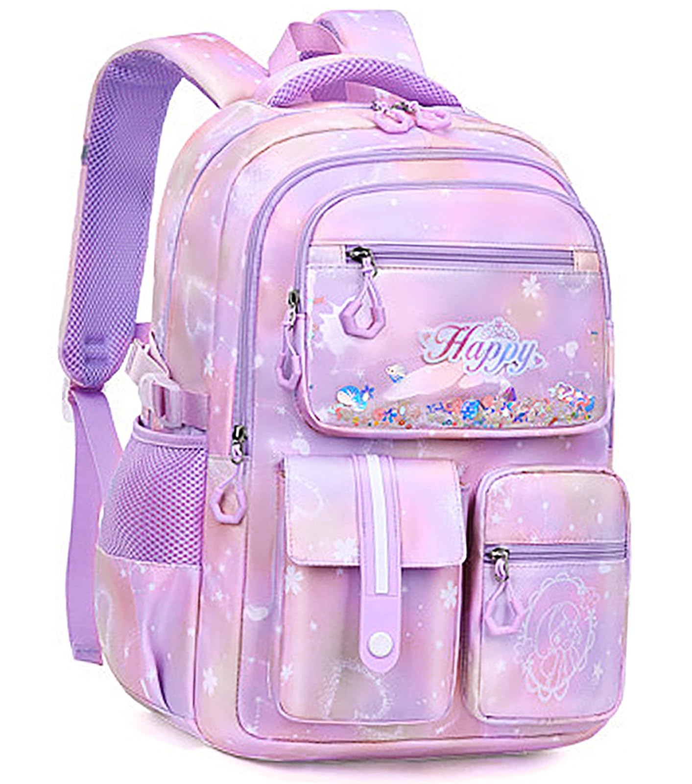 MCWTH Backpack for Teen Girls, Kawaii Cute Kids Elementary Student School Backpacks (Happy Purple)