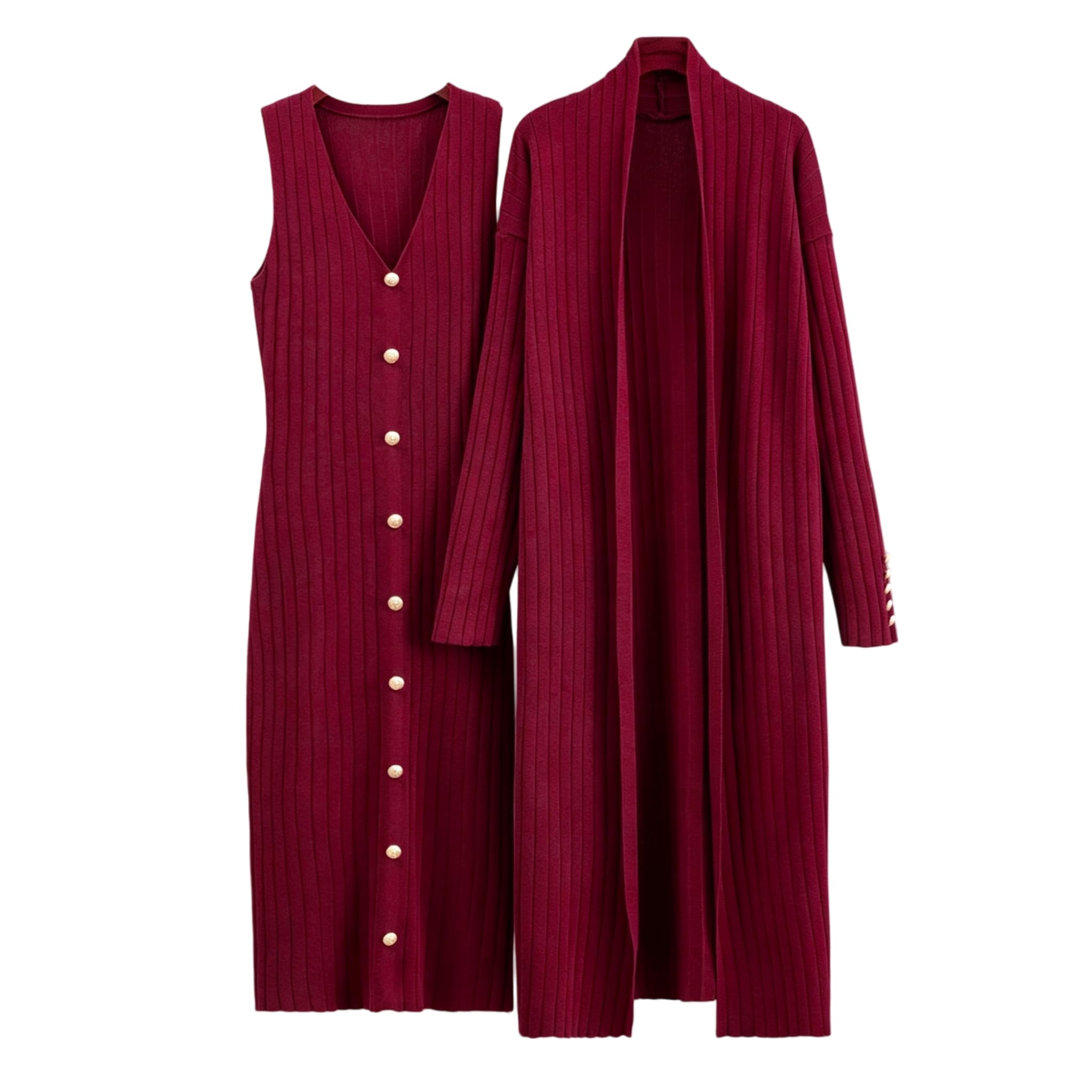Conjuntos Mujer Verano Conjunto De Dos Piezas Para Mujer: Vestido De Punto Con Cárdigan Largo Vestido Sin Mangas Tipo Chaleco Y Cárdigan Largo Con Frente Abierto Conjunto Elegante De Ropa De Estar