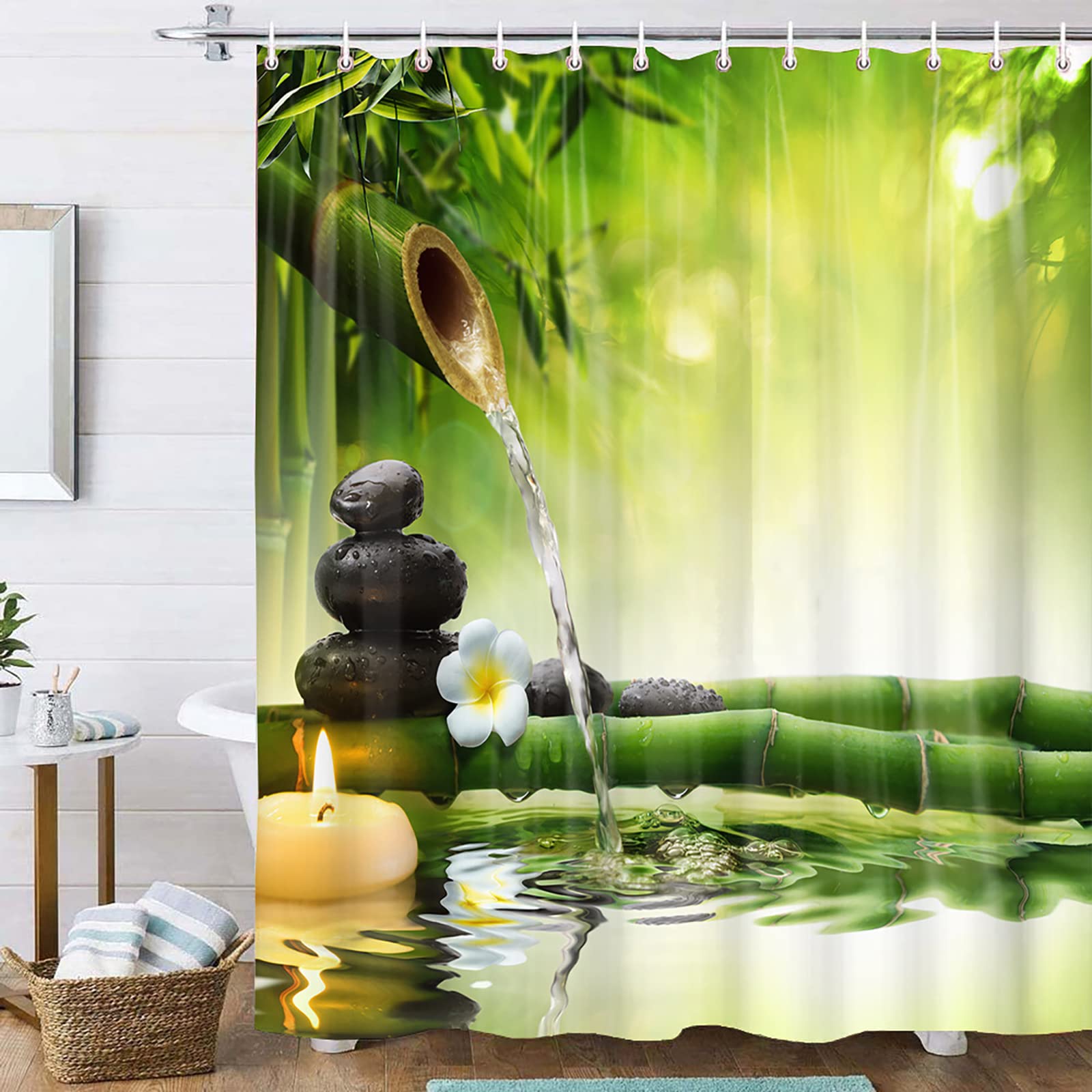 OCEUMACO 3D Cortina Ducha Antimoho Diseño Zen SPA Cortinas de Baño Lavables 200x200 Tela Impermeable Flores Bambu Cortina de Ducha Poliéster con 12 Anillas - Verde