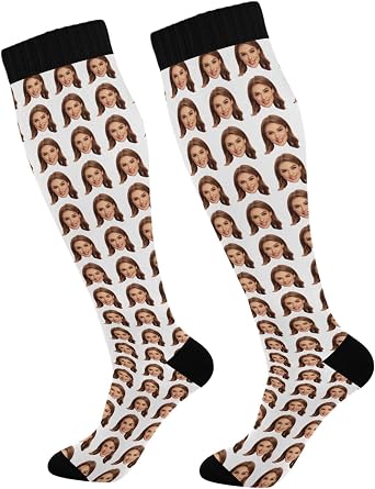 Personalized Photo Face Printed Women Compression Socks Custom Girls Long Boot Tights Athletic Sport Knee High Stockings Gift for Boyfriend Husband Dad White