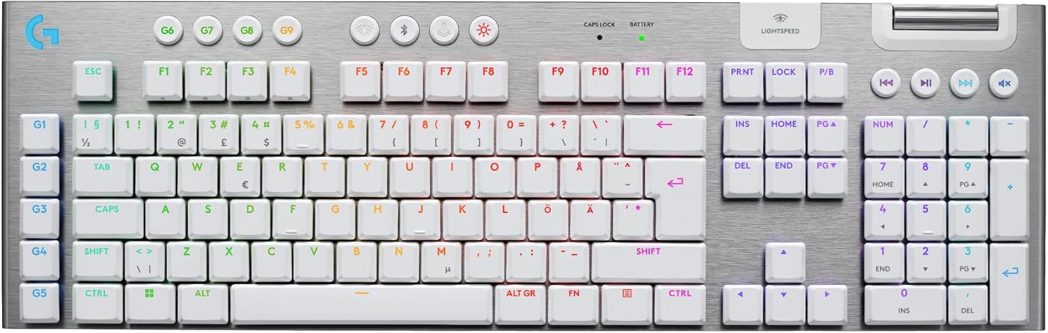 G915 X LIGHTSPEED Tastiera gaming wireless a profilo ribassato, Layout Scandinavo QWERTY, Tattile - Bianco