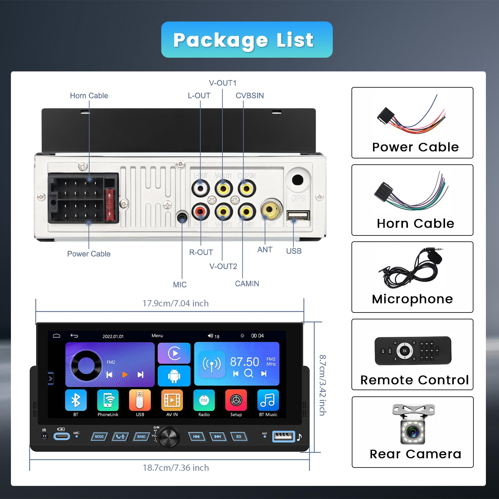 Inefala radio samochodowe Bluetooth 1 DIN z bezprzewodową funkcją CarPlay i Android Auto, radio 1 DIN z ekranem 6,9 cali, Mirror Link, radio FM, USB, Typ-C, SWC, EQ, kamera cofania, mikrofon