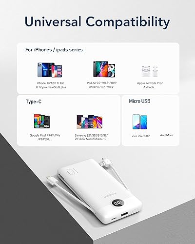 Miniatura 6 de VEGER - Cargador portátil de iPhone, cables integrados, carga rápida USB C, batería externa delgada de 10,000mAh, enchufe de pared y USB para