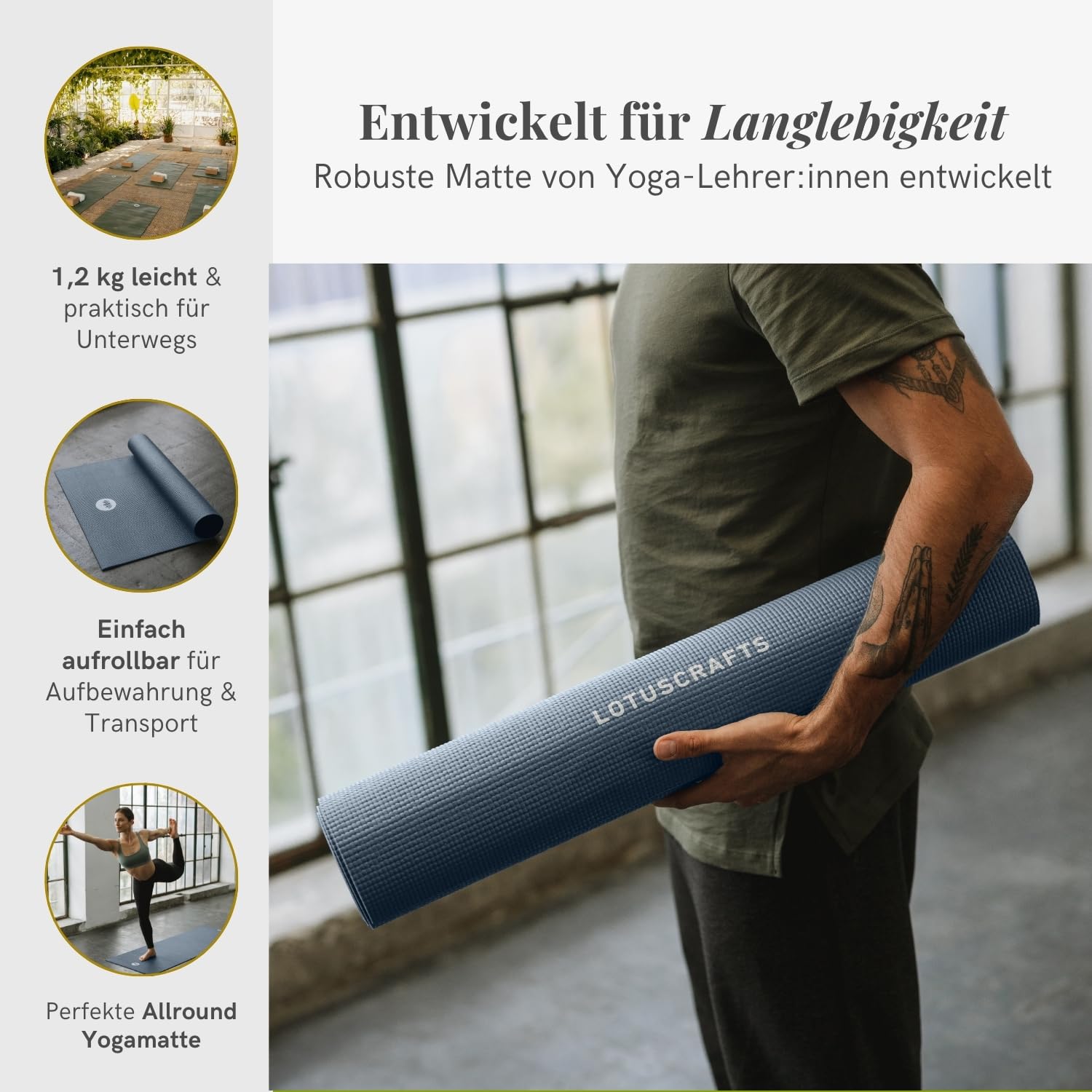 LOTUSCRAFTS Tapis de yoga antidérapant, modèle Mudra Studio, standard ou XL, certifié OEKO TEX®, parfait yoga mat polyvalent pour le yoga ou le pilates