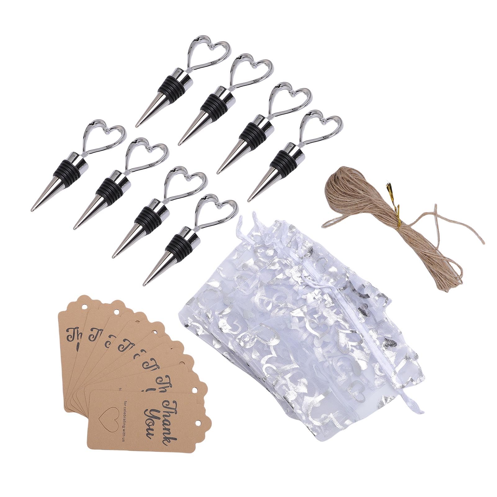 Zerodis Wedding Accessories Set 8Set Reusable Zinc Alloy Wine Bottle Stoppers with Organza Bags Kraft Tags Jute Rope for Wedding Baby Shower Birthday Party Favors Present Heart Shaped