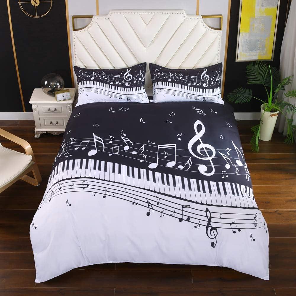 One-Day Sale: Up to 50% Off Suncloris, Melody Music Duvet Cover Set, Black Piano Keyboard Music Note Clef Staff Home Textiles Kids Bedding Set. Included: 1 Duvet Cover, 2 Pillowcase(no Comforter Inside) (Queen)