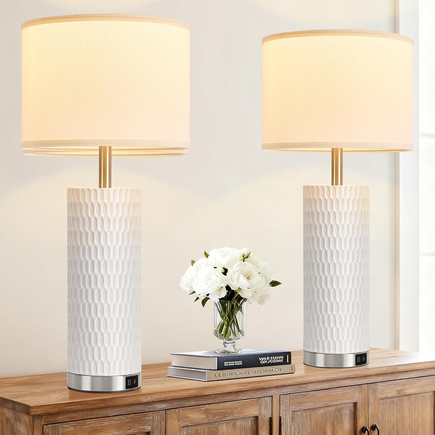 27.5" Ceramic Table Lamp, Table Lamp for Living Room with USB A+C Charging Ports, 3 Way Touch Control Table Lamps for Bedroom, Modern Bedside Lamp Set of 2, End Table Lamps, Bulbs Included White