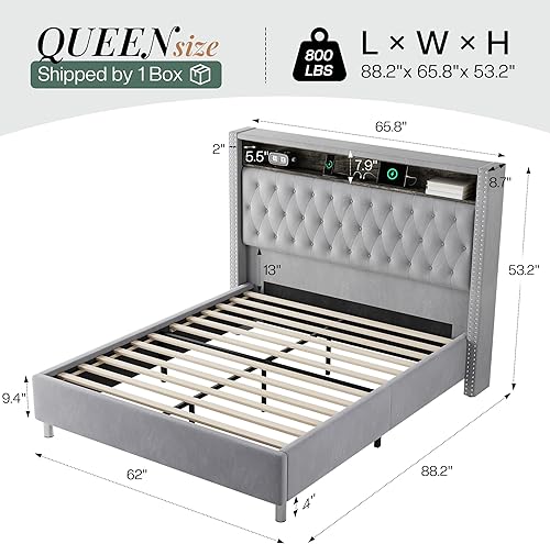 Miniatura 27 de Jocisland Base de cama tamaño Queen de 53.6 pulgadas de alto, cabecero de almacenamiento con luces LED y estación de carga, cama tapizada de Negro