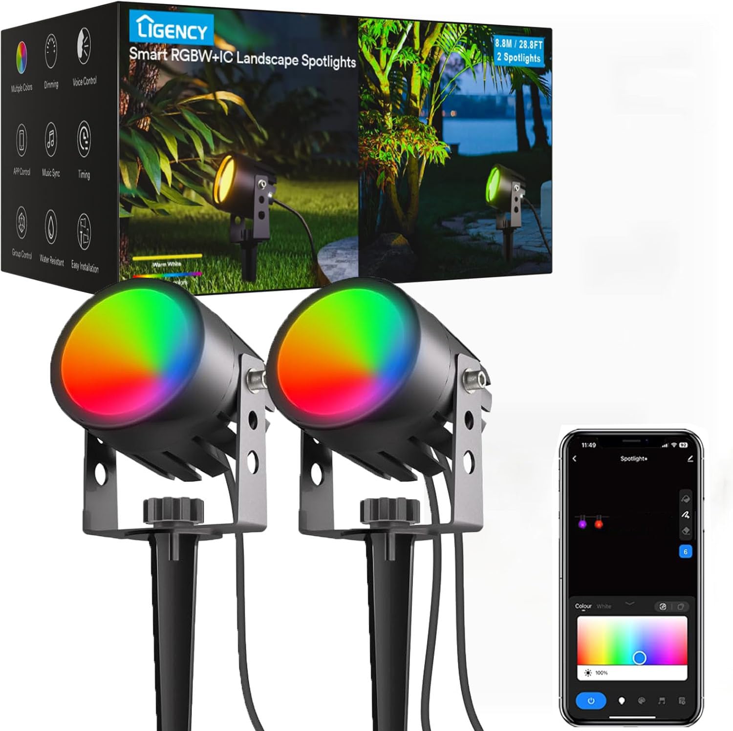 Smart Low Voltage Landscape Lights, 2 Pack Outdoor Spot Lights IP65 Waterproof Work with APP, Alexa and Google Assistant, RGBW Color Changing Spotlights for Yard Garden, 28.8Ft