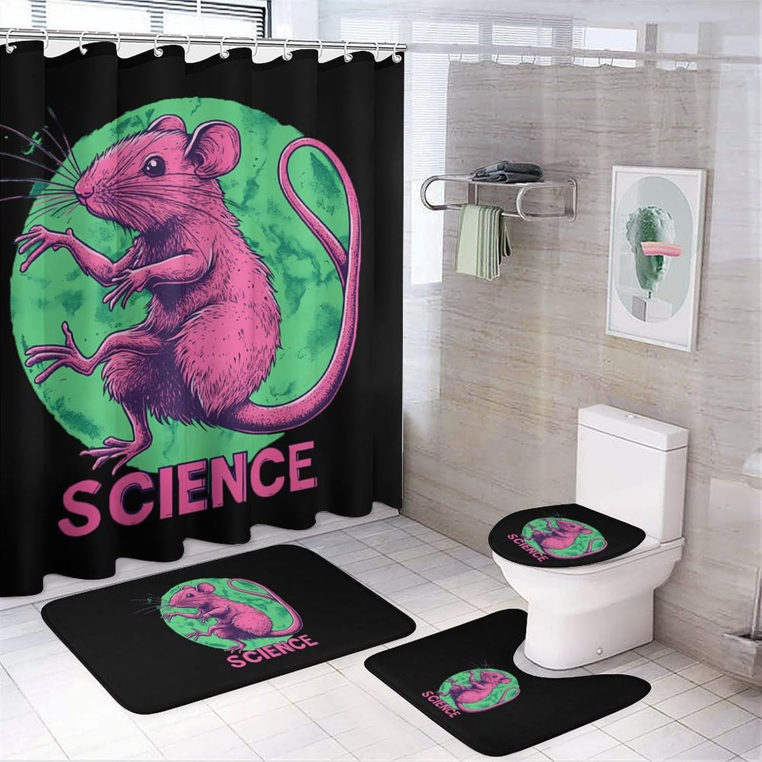 Scientific Mutant Mice Modern Bathroom Sets with Shower Curtain and Rugs Decor 4 Pcs with 12 Hooks