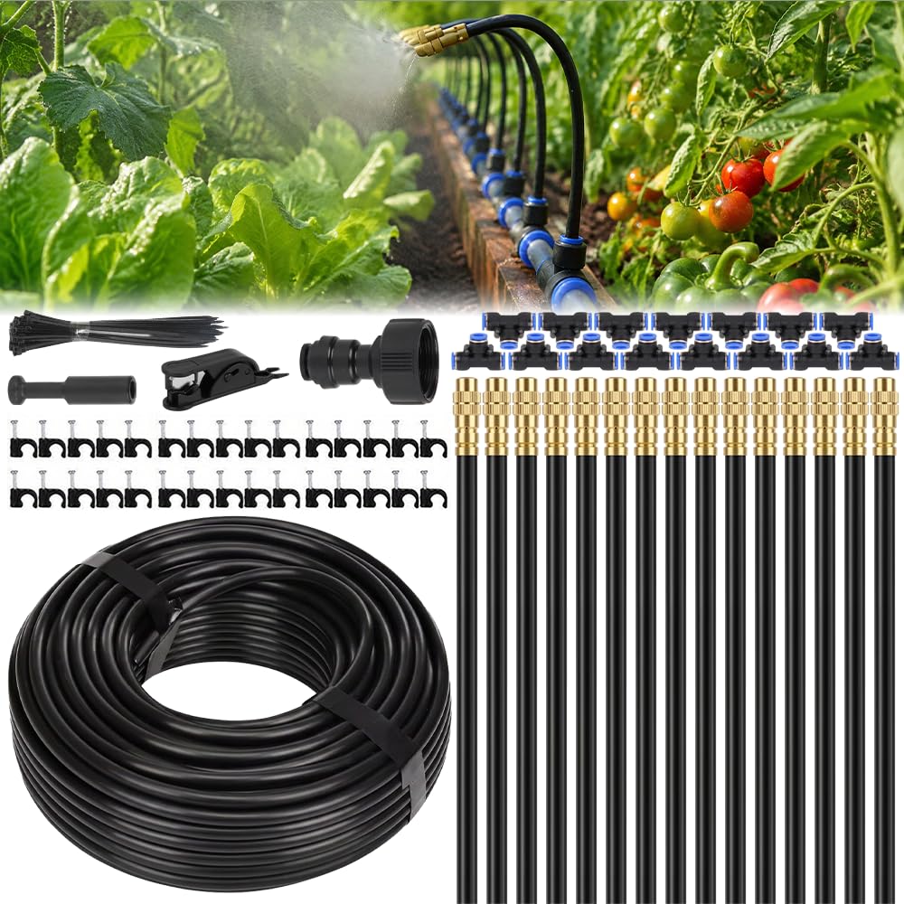 LIGBT Sistema di irrigazione automatico da giardino, 15 m, 360°, set completo con 15 ugelli di spruzzo regolabili, nebbia e irrigazione a goccia, per balconi, serre, aiuole rialzate, piante in vaso e