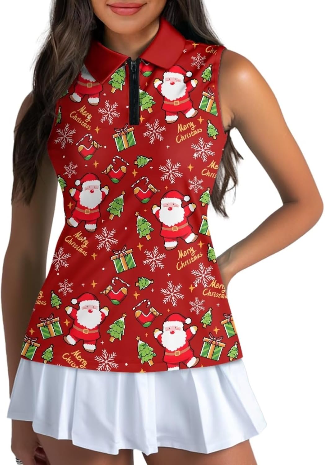 GULANGYU Christmas Print Womens Golf Shirt Sleeveless Polo Shirts Tennis Tank Top XS-2XL