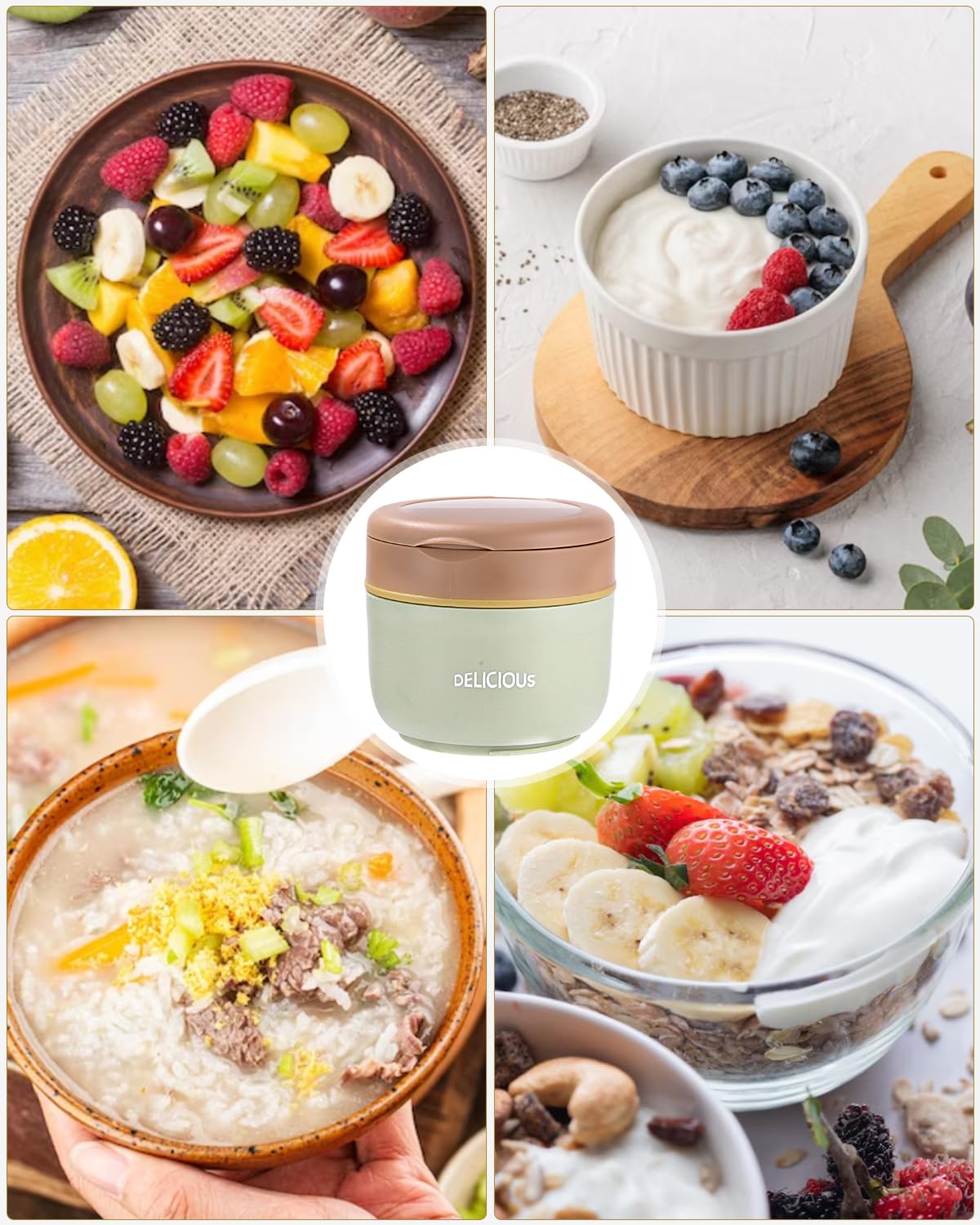 Tazza per Cereali, tazza per yogurt, con cucchiaio, contenitore per alimenti da 300+430 ml per muesli, yogurt, pappe, porridge, avena notturna, gelati e zuppe (verde)