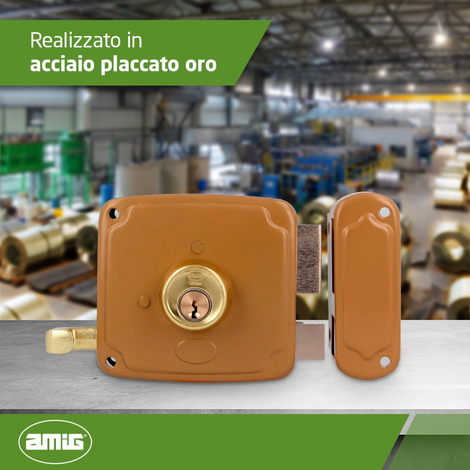 Amig - Serratura a Soprapponere Destra | Leva di Chiusura e Maniglia | Ideale per Porte in Legno | Oro, Misura 85 x 95 mm, Acciaio | Amig Griglia 3 150x150, Spessori per Cilindro