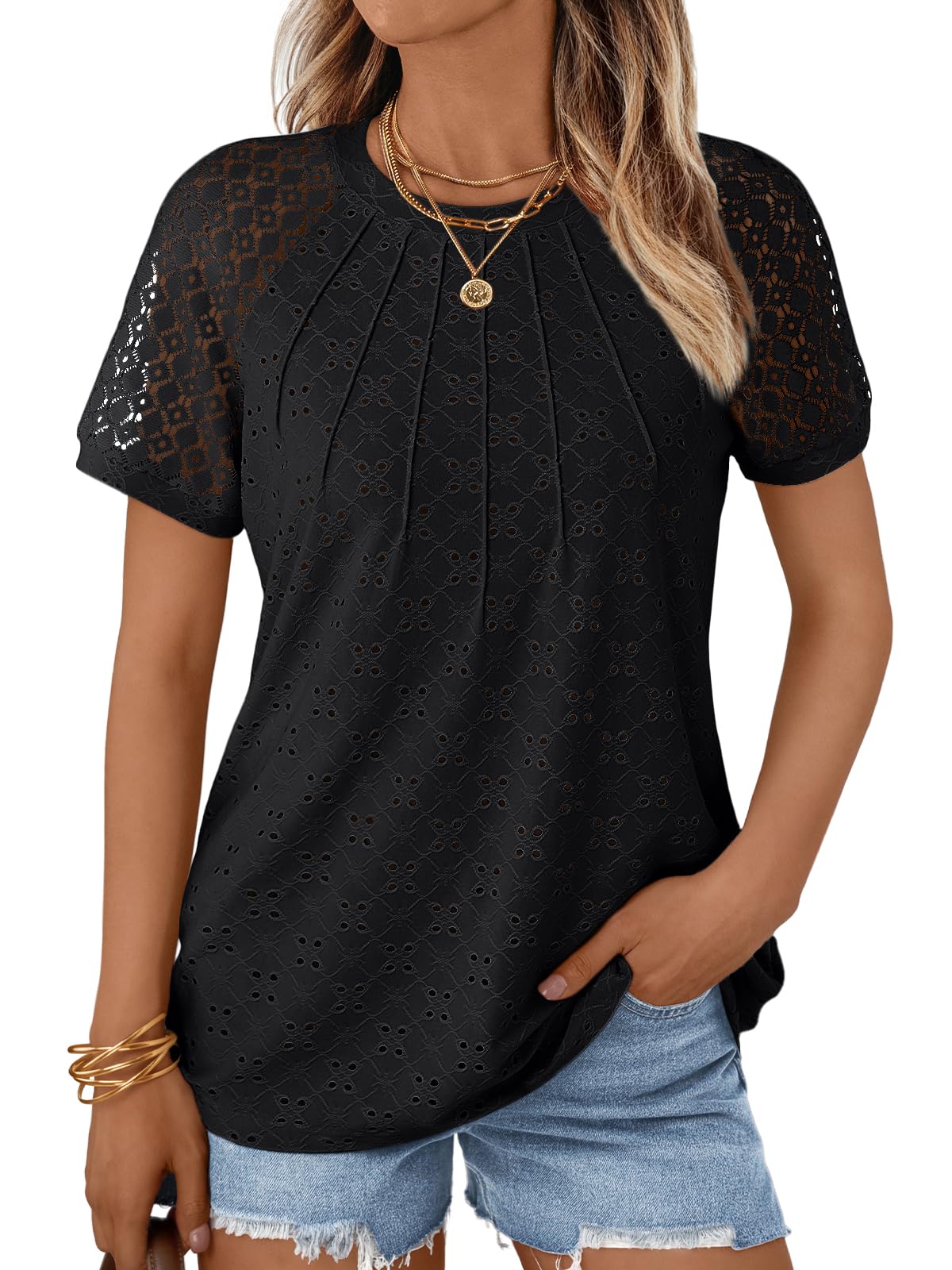 AUTOMET Short Sleeve Shirts for Women Eyelet Embroidery Summer Dressy Tops 2025 Trendy Lace Casual T-Shirts Work Outfits