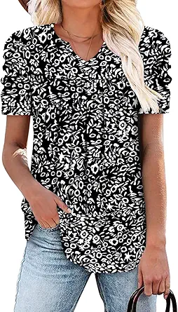 KISSMODA Tops for Womens Summer Cute Short Sleeve Shirts Trendy Notched Neck Blouses Casual Loose Pleated Tunics S-3Xl