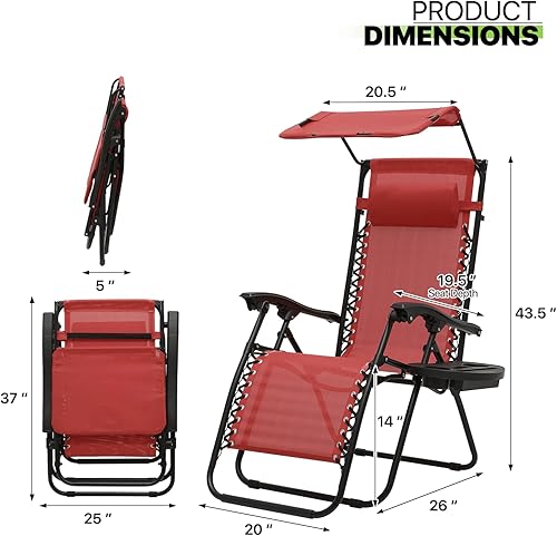 Miniatura 3 de Magshion Juego de 2 sillas Zero Gravity con dosel, silla reclinable reclinable para patio al aire libre, plegable antigravedad, tumbona portátil con