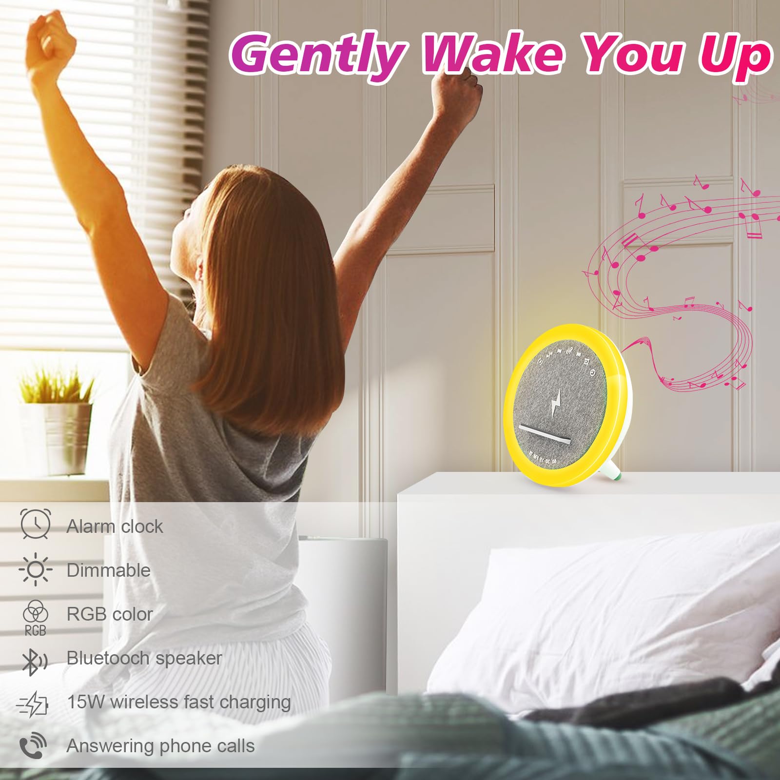 Lampe chargeur sans fil, Réveil avec chargeur à induction, Haut-parleur Bluetooth éclairage ambiant synchronisé avec la musique, Réveil numérique, pour lit/salon