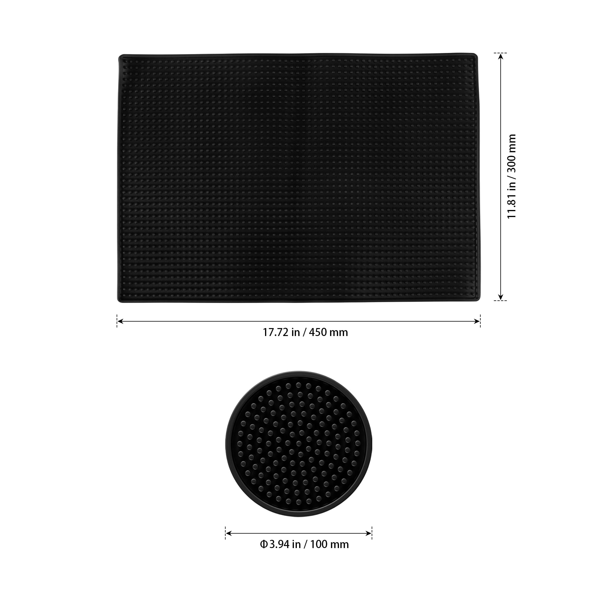 4 tappetini da bar in PVC, 45 x 30 cm, colore nero, per stoviglie, con 4 sottobicchieri rotondi da 10 cm, accessori per bar e cucina