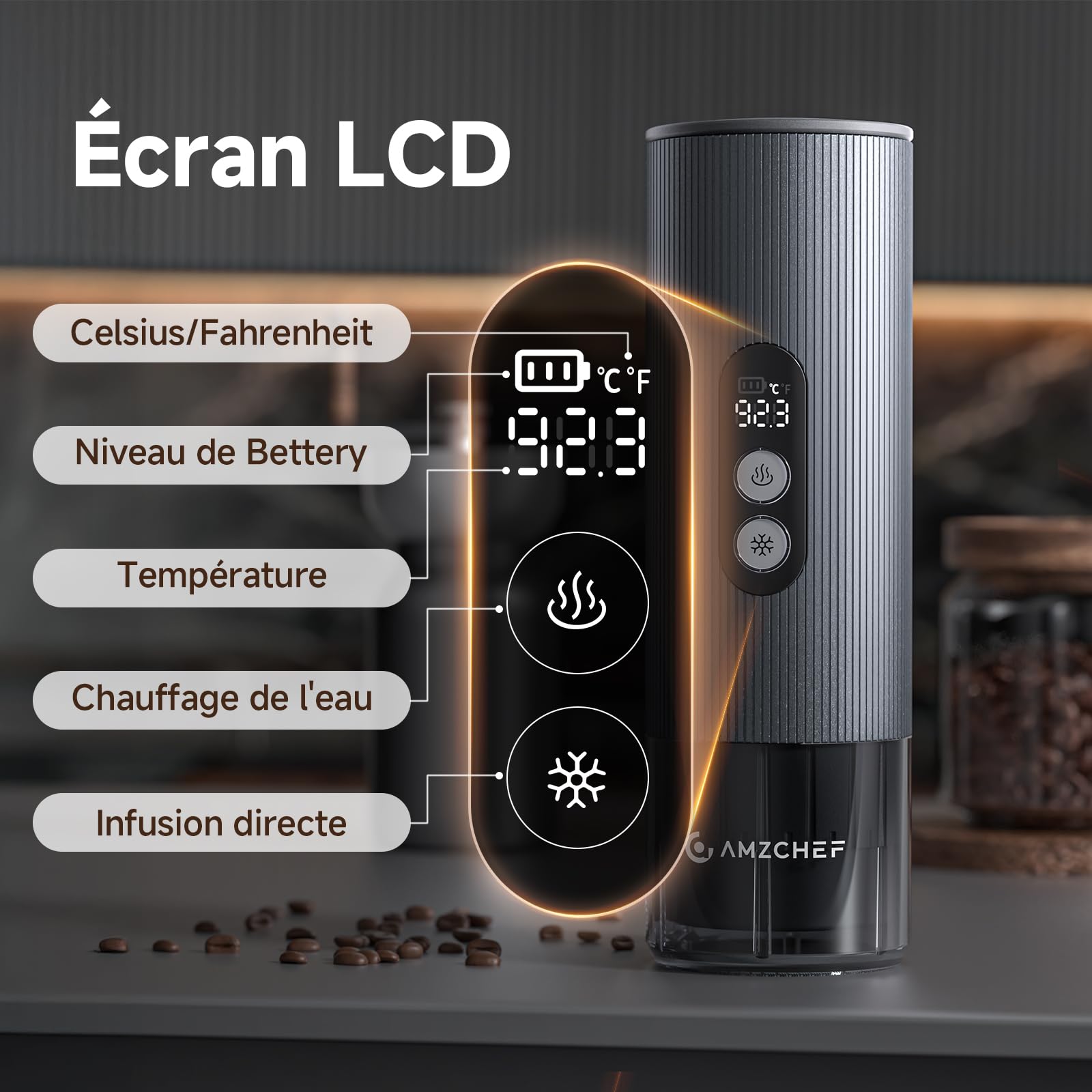 AMZCHEF Machine à Café Espresso Portable de Voyage avec Batterie – 20 Bars, Chauffage Rapide USB-C – Compatible avec Capsules & Café Moulu – Cafetiere Portable pour Camping/Bureau,Aluminium
