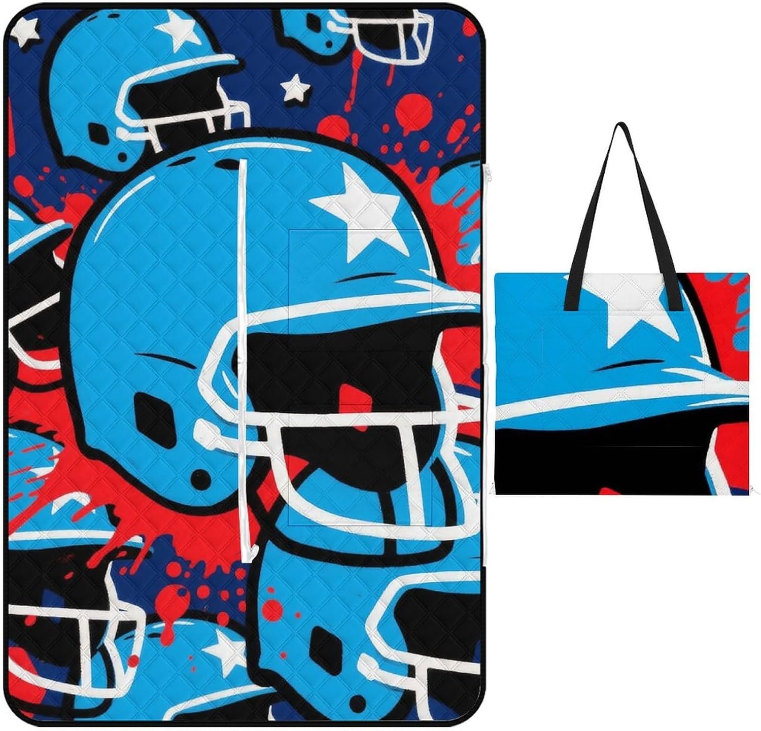 Baseball Helmet Blue Picnic Blanket 150x150cm, Foldable 2-in-1 Picnic Mat and Tote Bag Portable Waterproof Beach Mat Sandproof Outdoor Blanket for Park, Hiking, Beach, Camping, Travel